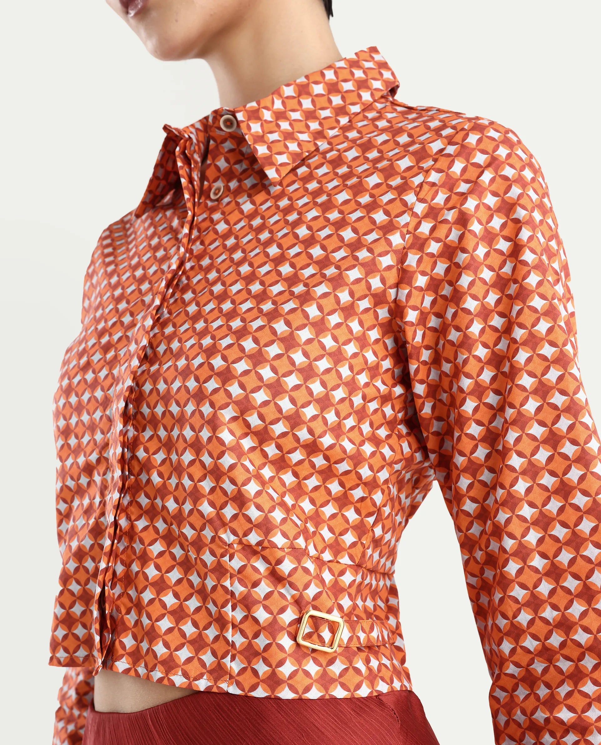 Rareism Women's Rister Multi Cotton Spread Collar Geometric Print Cuffed Sleeve Crop Regular Fit Top