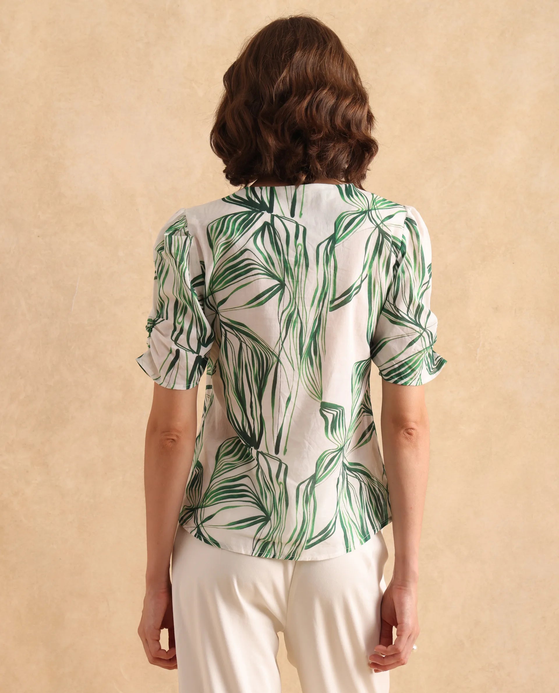 Rareism Women's Riter Green Cotton V-Neck Plain Puff Sleeve Regular Fit Top