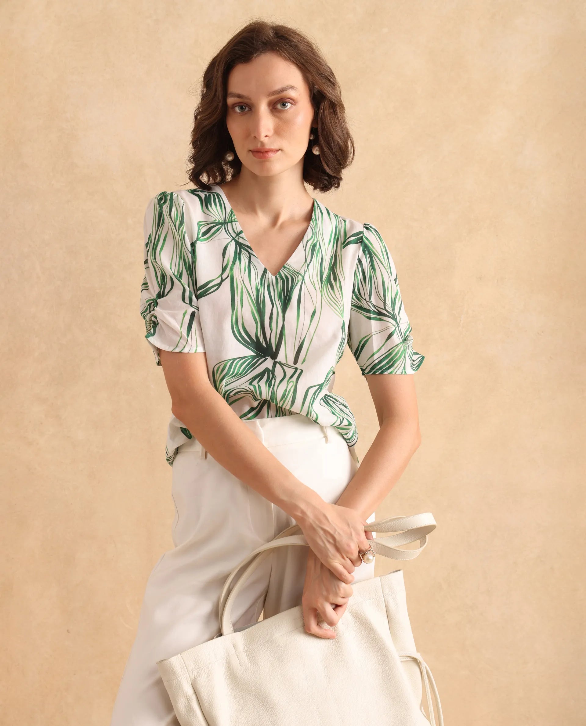 Rareism Women's Riter Green Cotton V-Neck Plain Puff Sleeve Regular Fit Top