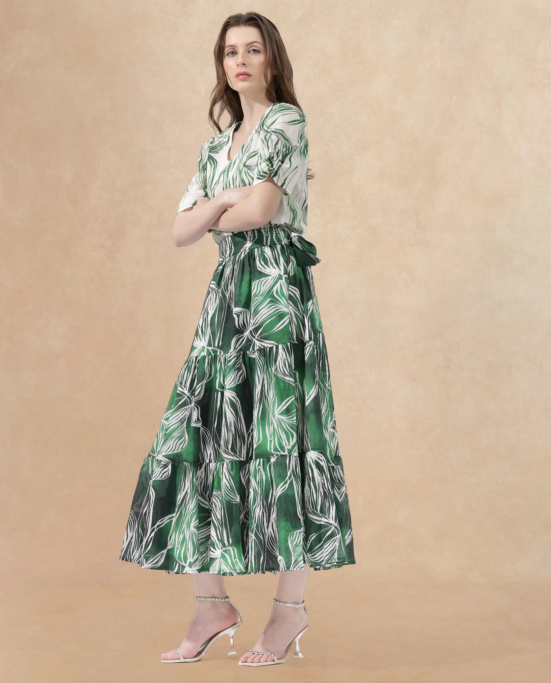 Rareism Women's Rittert Green Cotton Abstract Print Maxi Flared Skirt