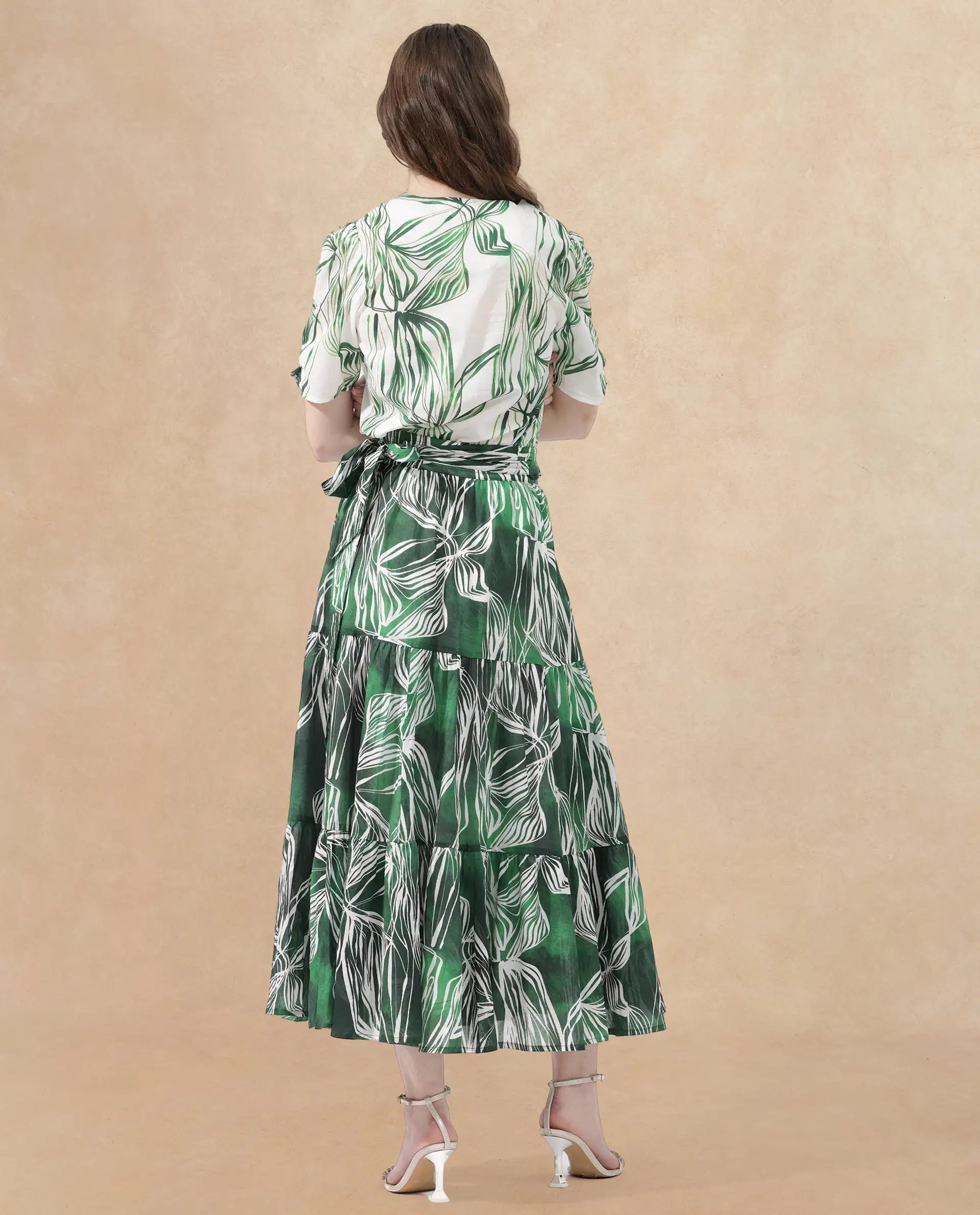 Rareism Women's Rittert Green Cotton Abstract Print Maxi Flared Skirt