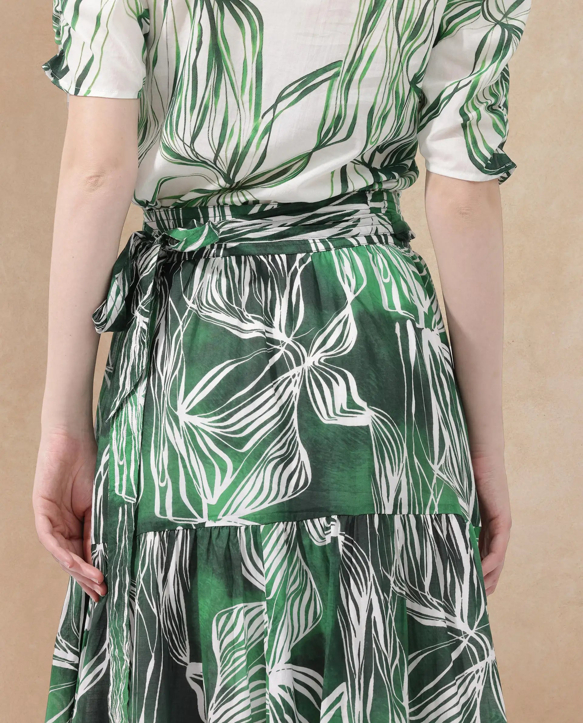 Rareism Women's Rittert Green Cotton Abstract Print Maxi Flared Skirt