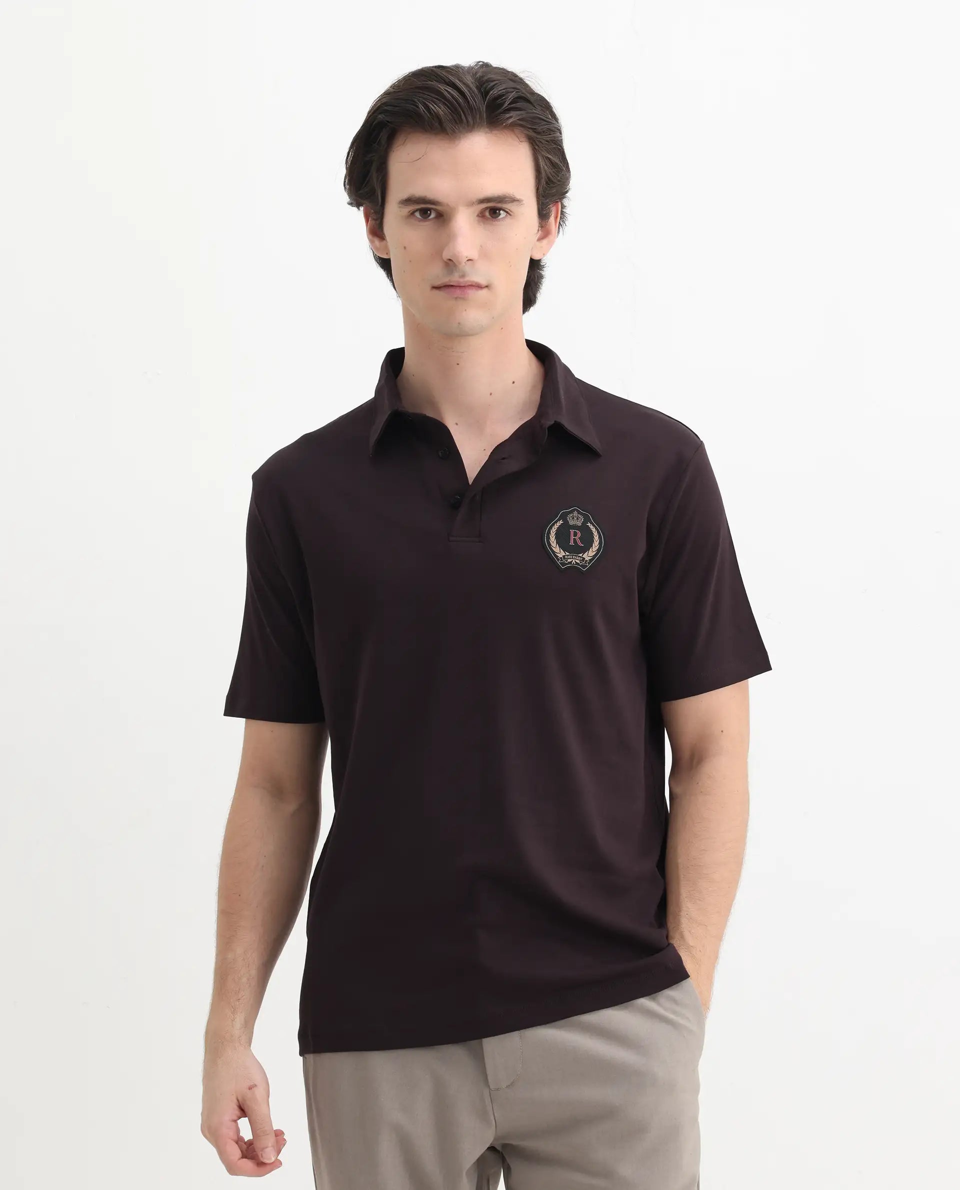 Rare Rabbit Men's Ritz Brown Cotton Plain Regular Fit Half Sleeve Polo