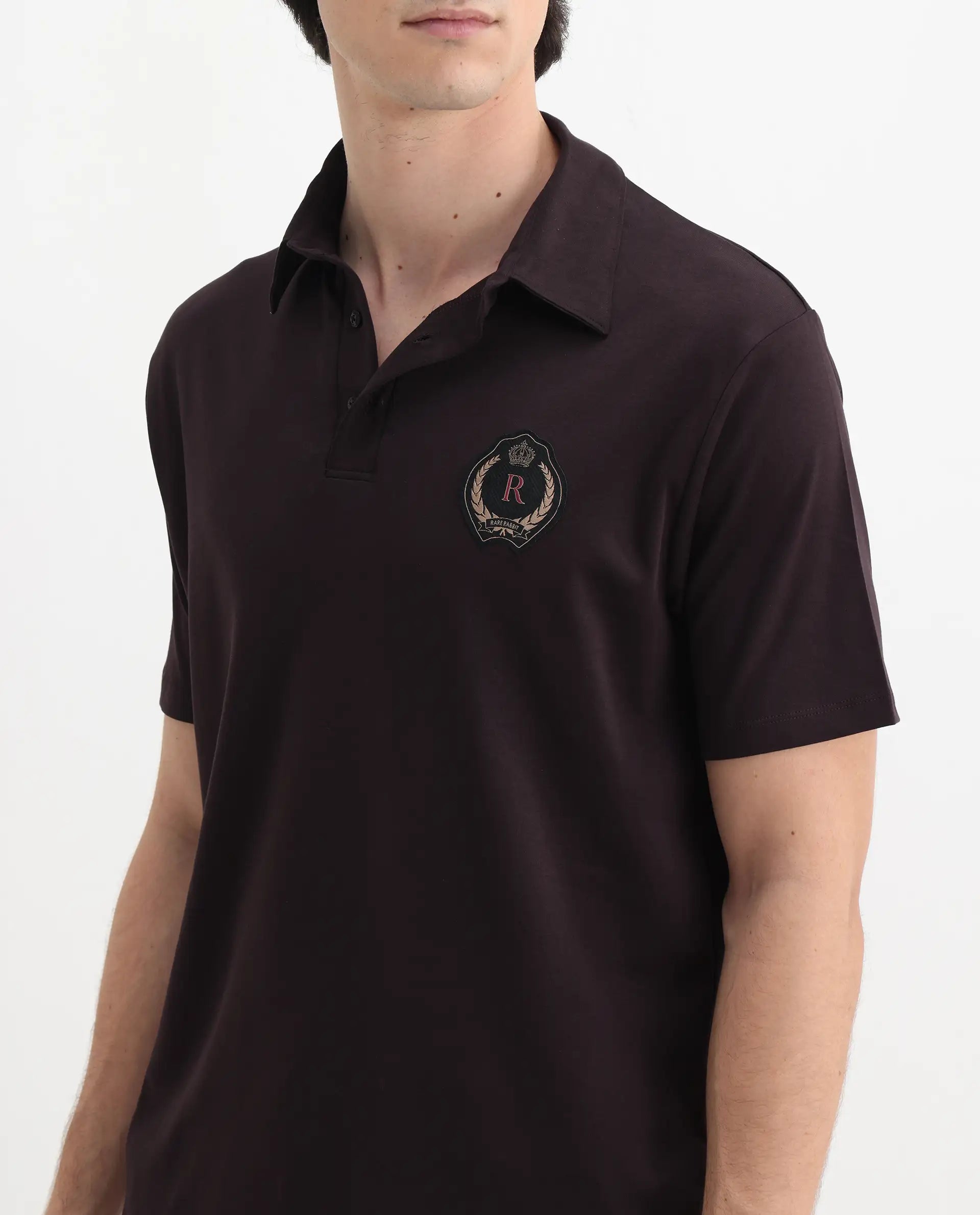 Rare Rabbit Men's Ritz Brown Cotton Plain Regular Fit Half Sleeve Polo