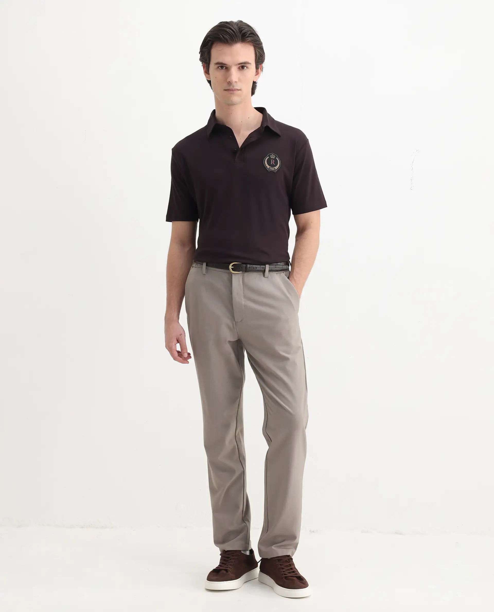 Rare Rabbit Men's Ritz Brown Cotton Plain Regular Fit Half Sleeve Polo