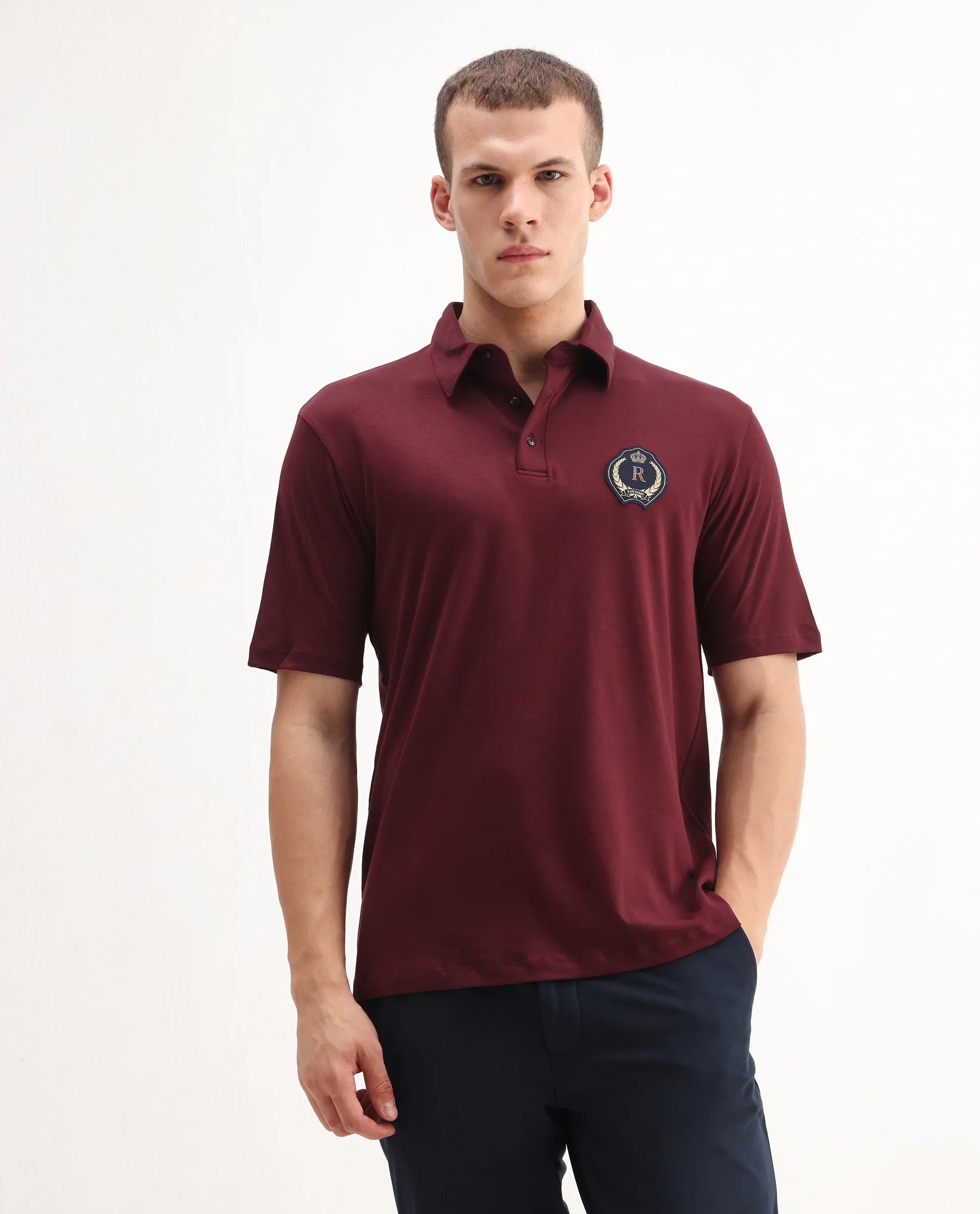 Rare Rabbit Men's Ritz Maroon Cotton Plain Regular Fit Half Sleeve Polo