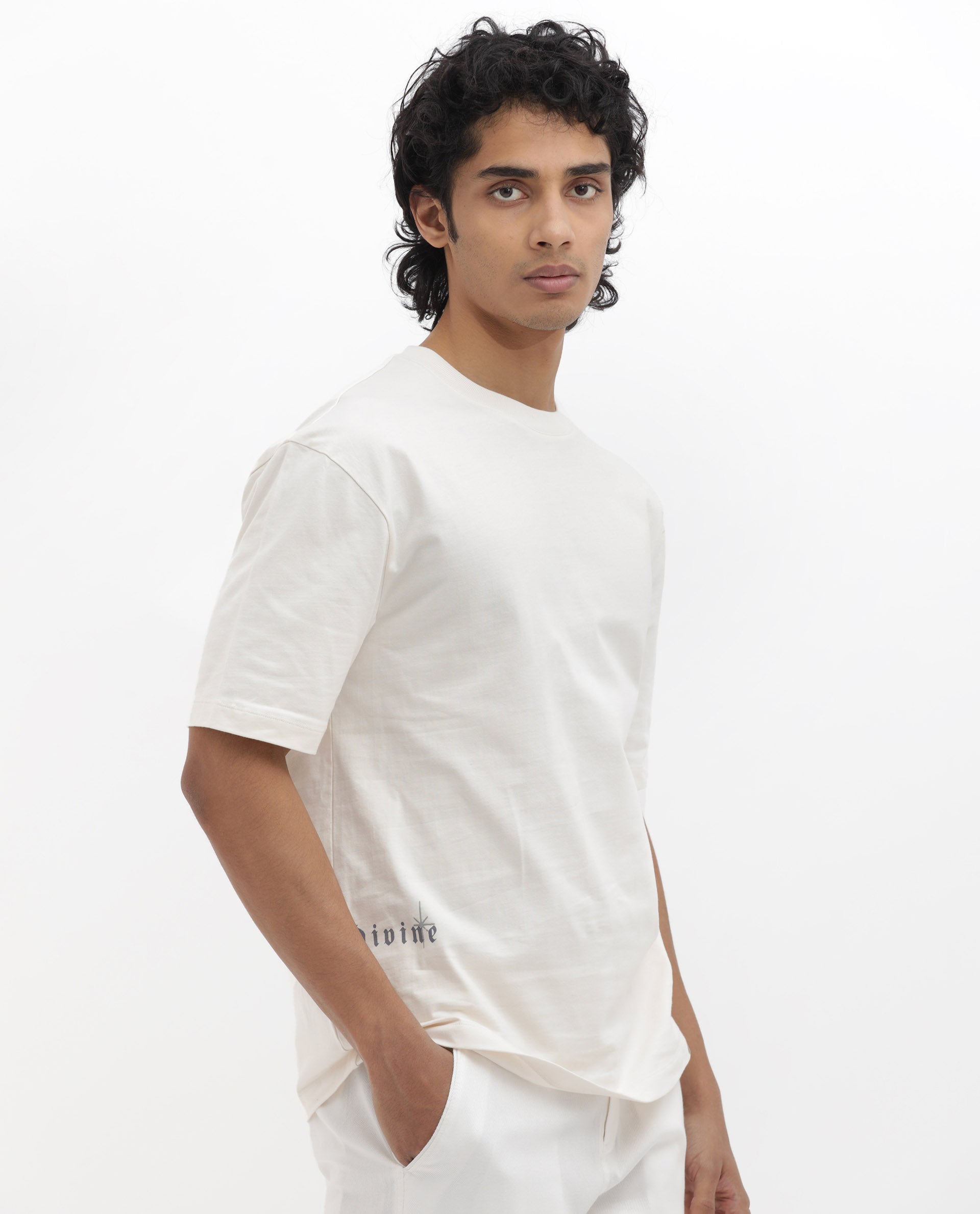 Rare Rabbit Articale Men's River Off White Cotton Polyester Fabric Crew Neck Oversized Fit Graphic Print T-Shirt