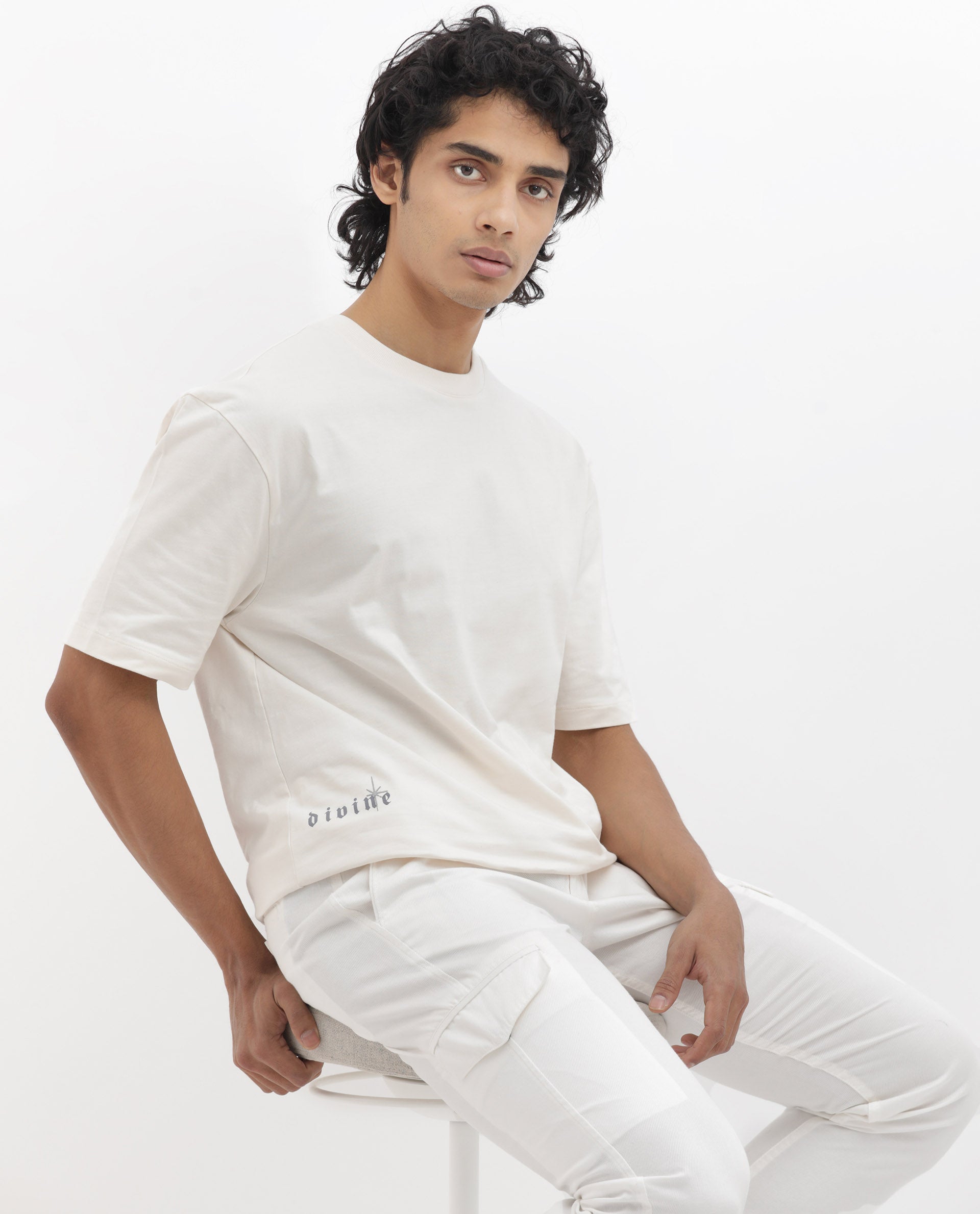 Rare Rabbit Articale Men's River Off White Cotton Polyester Fabric Crew Neck Oversized Fit Graphic Print T-Shirt