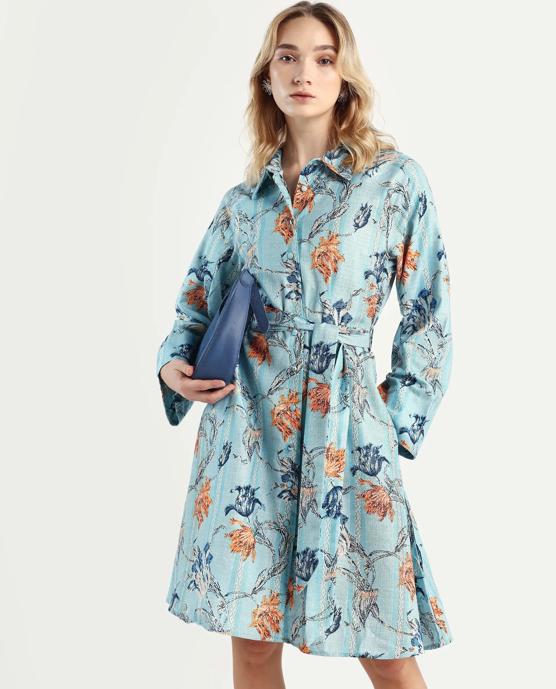 Rareism Women's Riveria Dusky Blue Polyester Spread Collar Floral Print Raglan Sleeve Knee Length A-Line Dress
