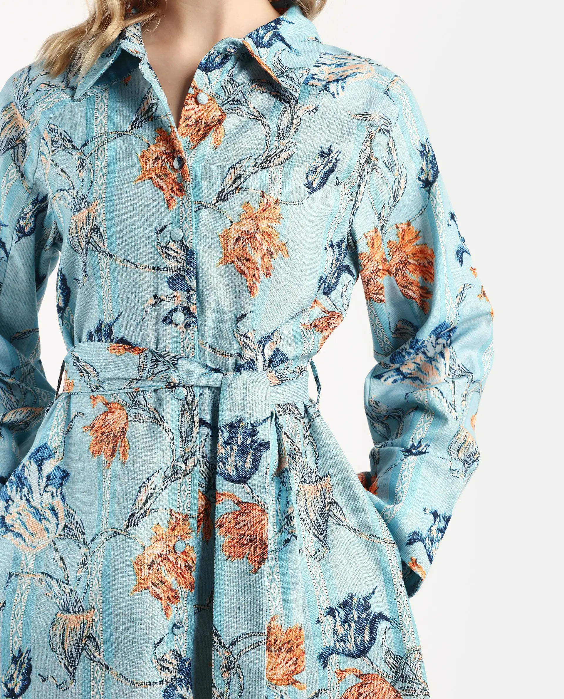 Rareism Women's Riveria Dusky Blue Polyester Spread Collar Floral Print Raglan Sleeve Knee Length A-Line Dress