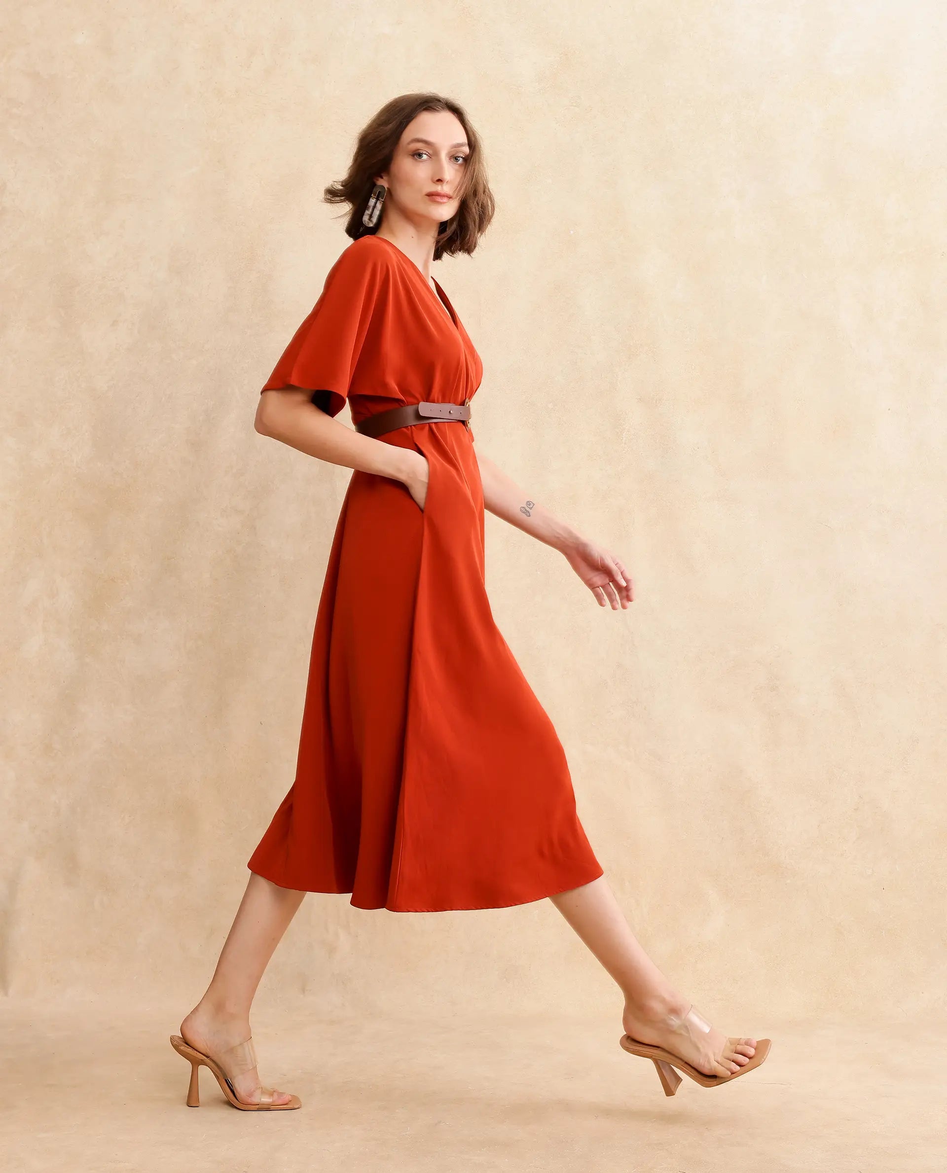 Rareism Women Rivez Primary Rust Extended Sleeves Dress