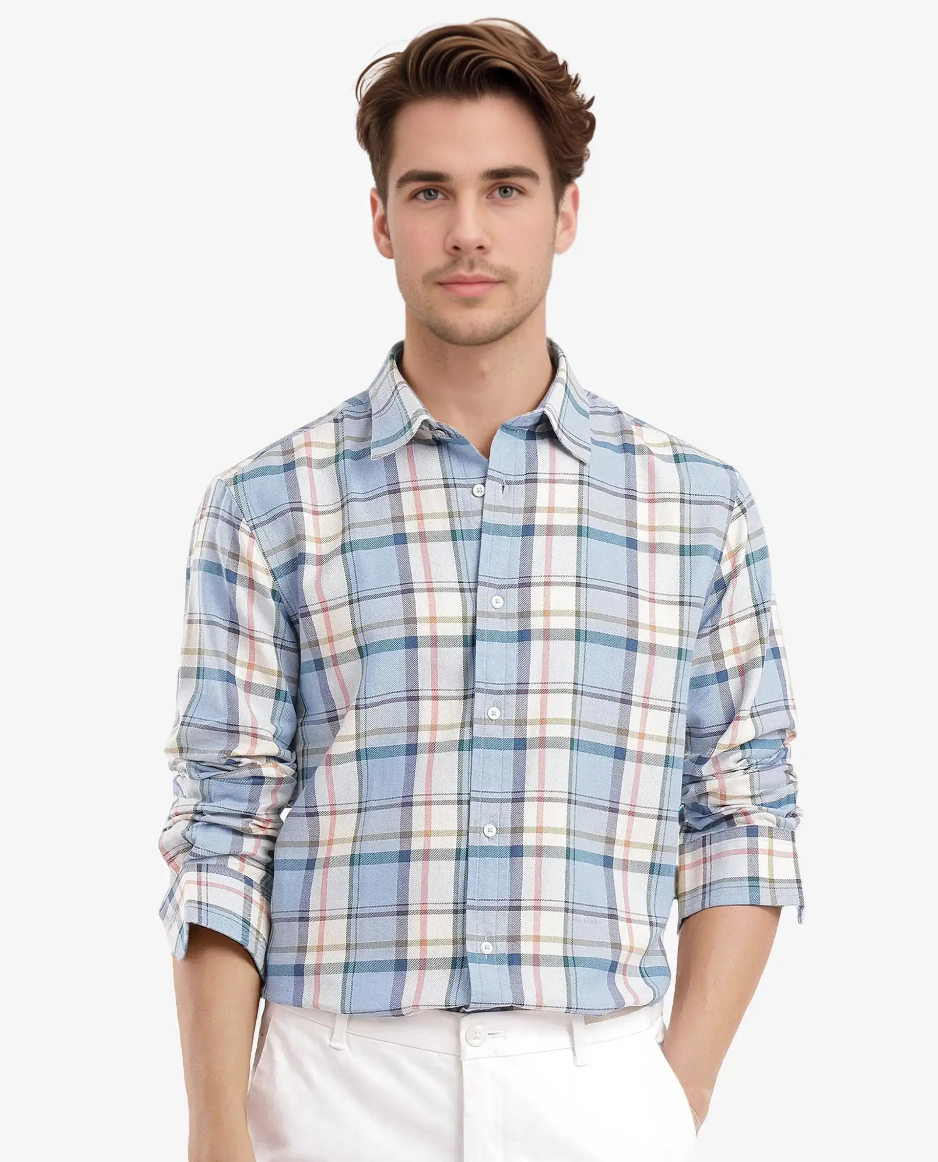 Rare Rabbit Men's Rix Light Blue Cotton Checked Print Regular Fit Full Sleeve Collared Shirt