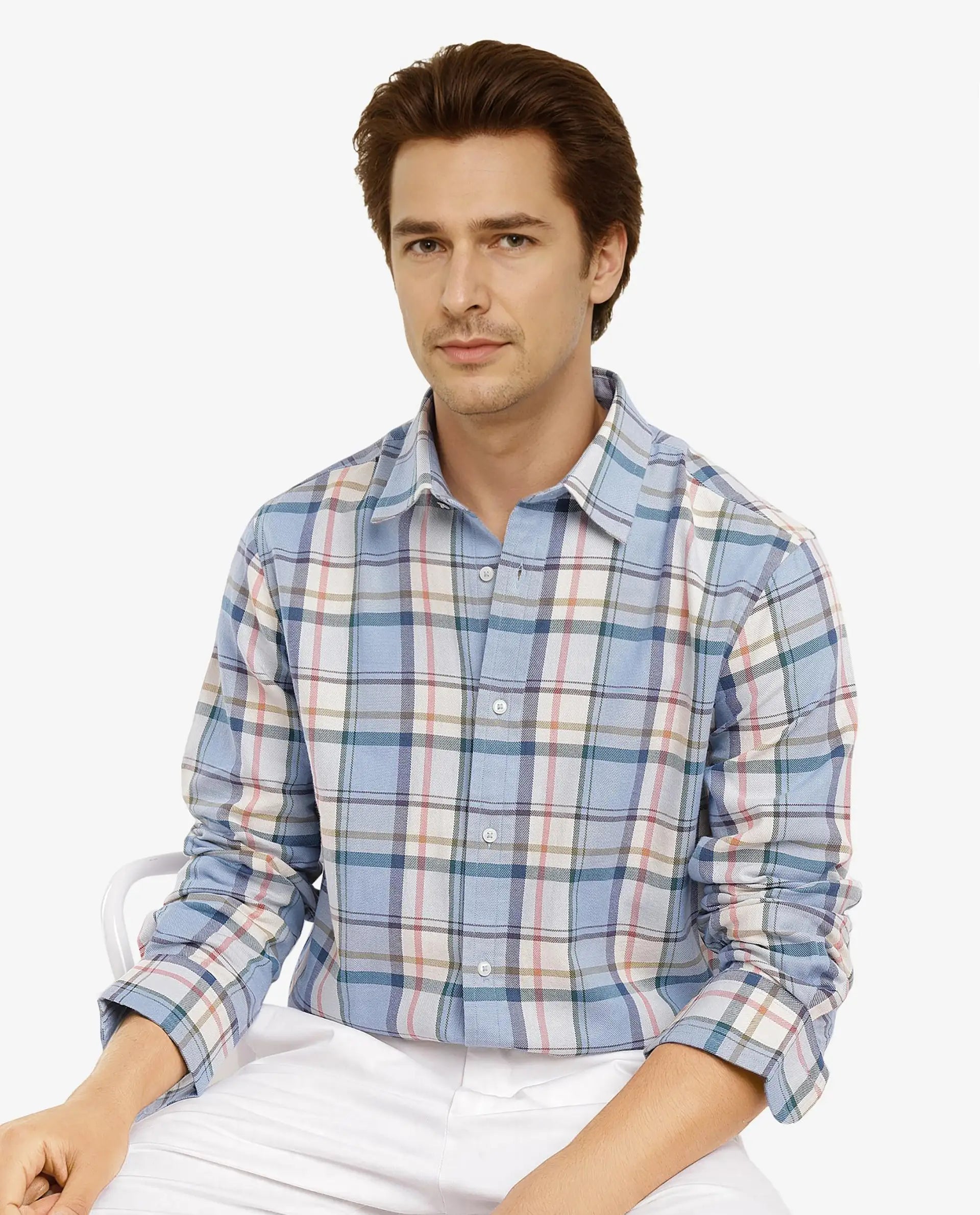 Rare Rabbit Men Rix Light Blue Full Sleeve Regular Collar Button Closure Regular Fit Checks Shirt