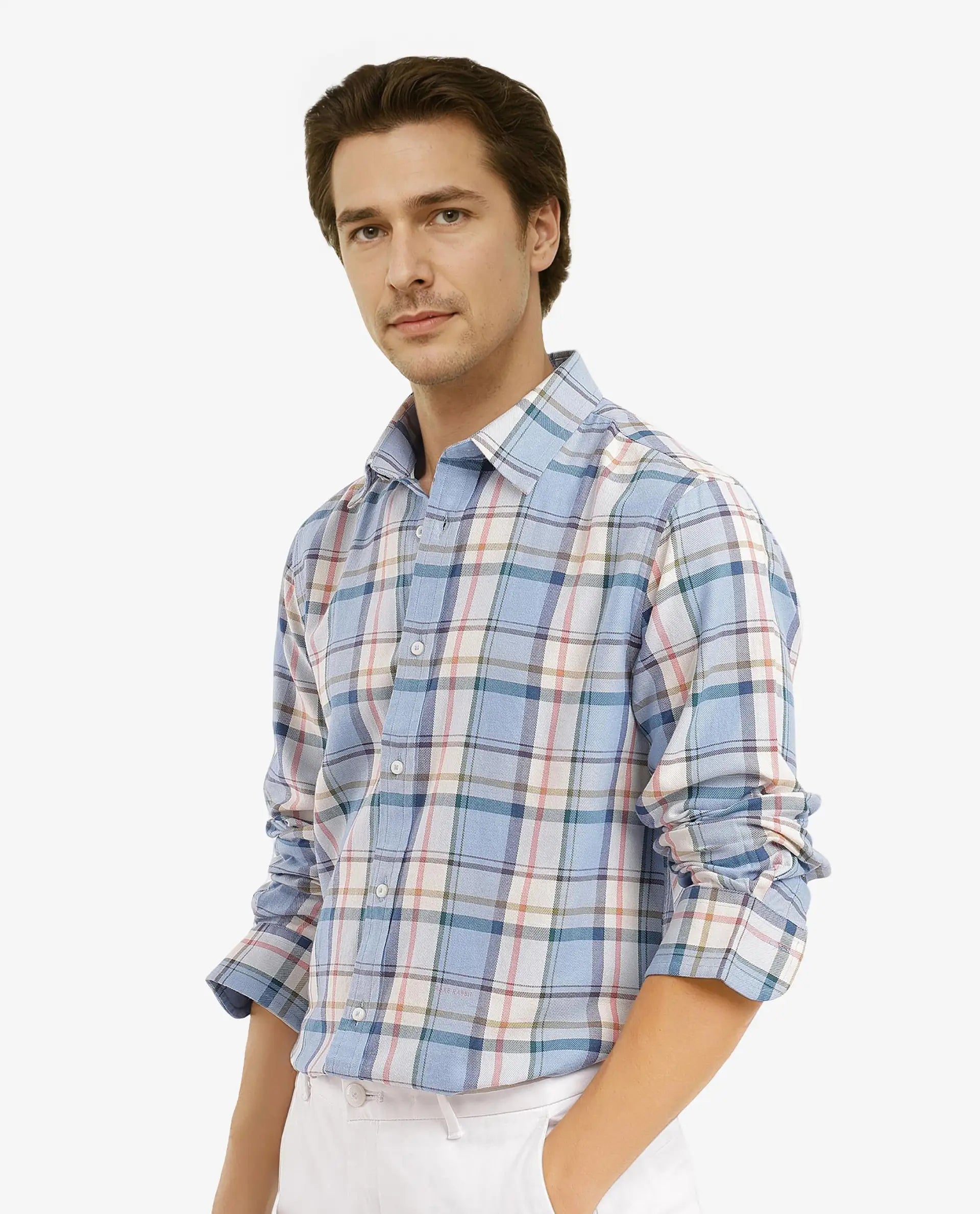 Rare Rabbit Men Rix Light Blue Full Sleeve Regular Collar Button Closure Regular Fit Checks Shirt