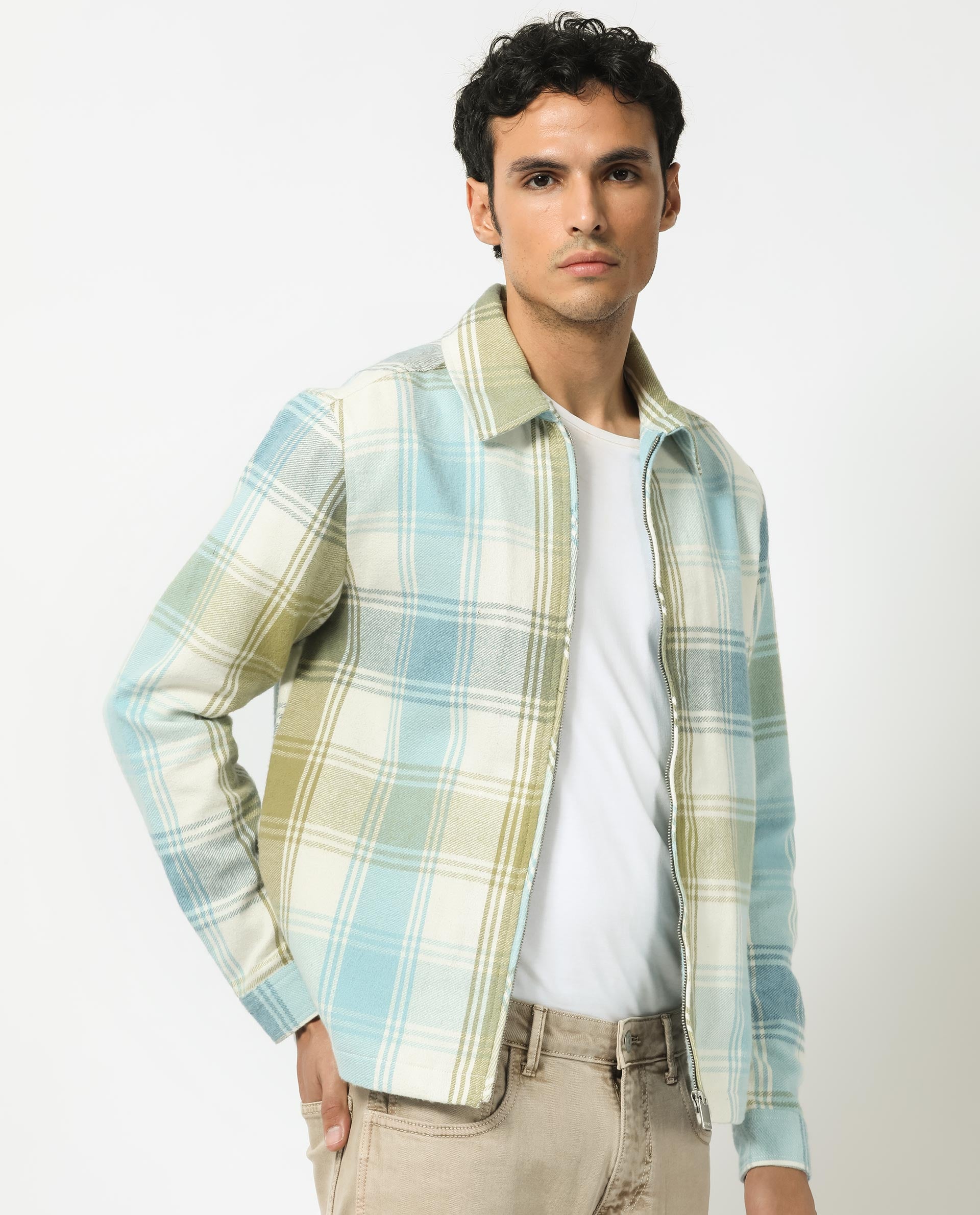 Rare Rabbit Men's Rizo Blue Cotton Fabric Full Sleeves Zip Closure Twill Checks Shacket