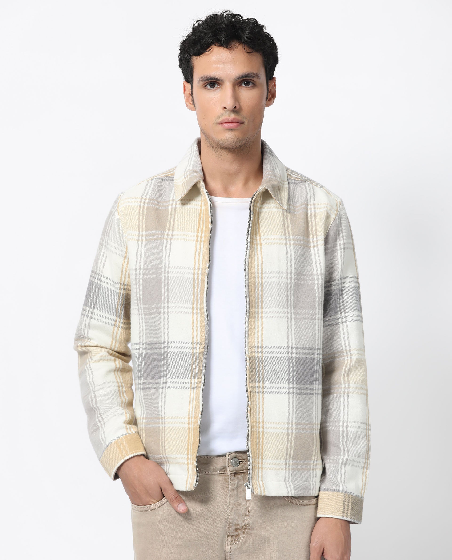 Rare Rabbit Men's Rizo Light Brown Cotton Fabric Full Sleeves Zip Closure Twill Checks Shacket