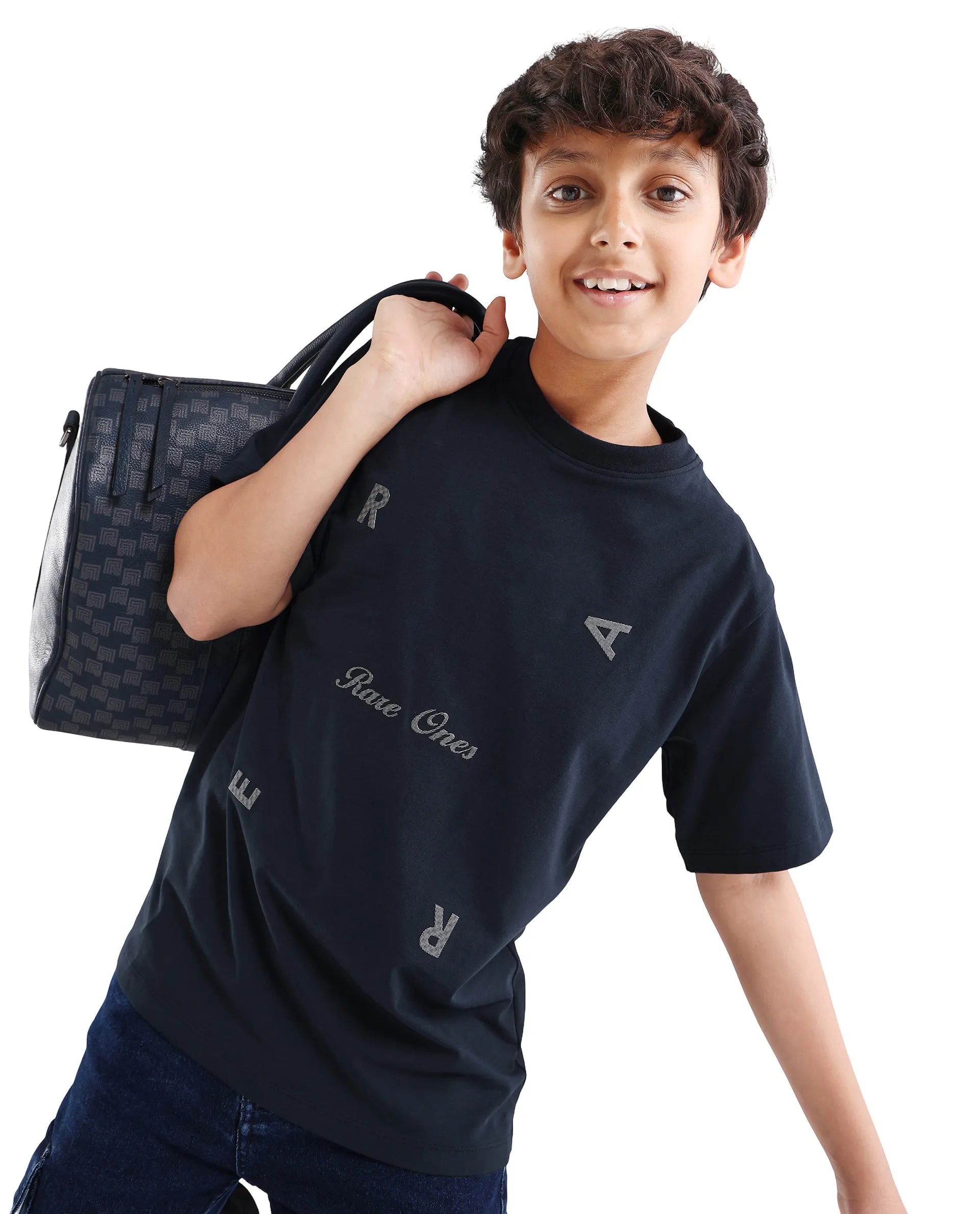 Rare Ones Kids Rizz Dark Navy Cotton Blend Pull-On Closure Badge Applique Regular Fit T-Shirt