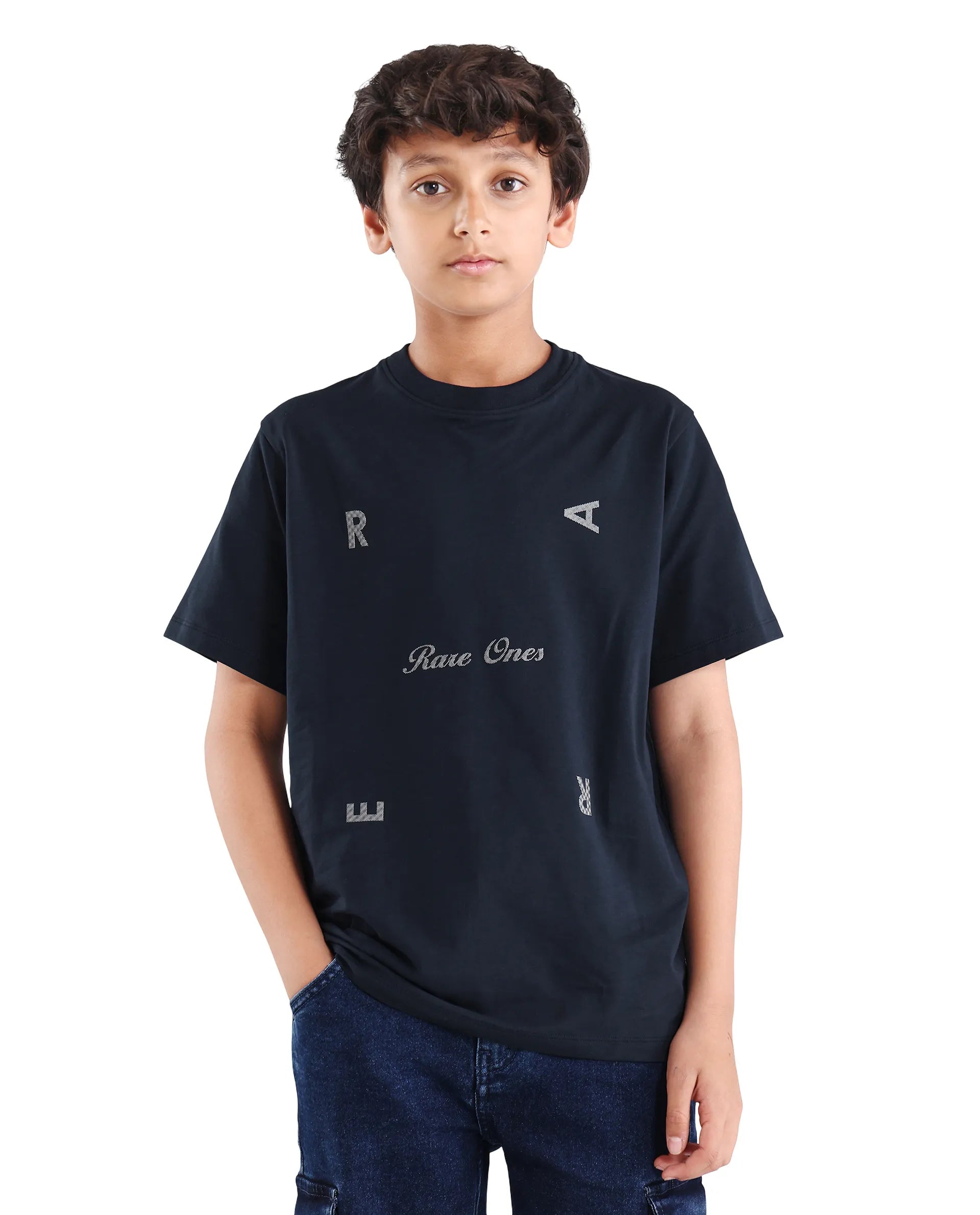 Rare Ones Kids Rizz Dark Navy Cotton Blend Pull-On Closure Badge Applique Regular Fit T-Shirt