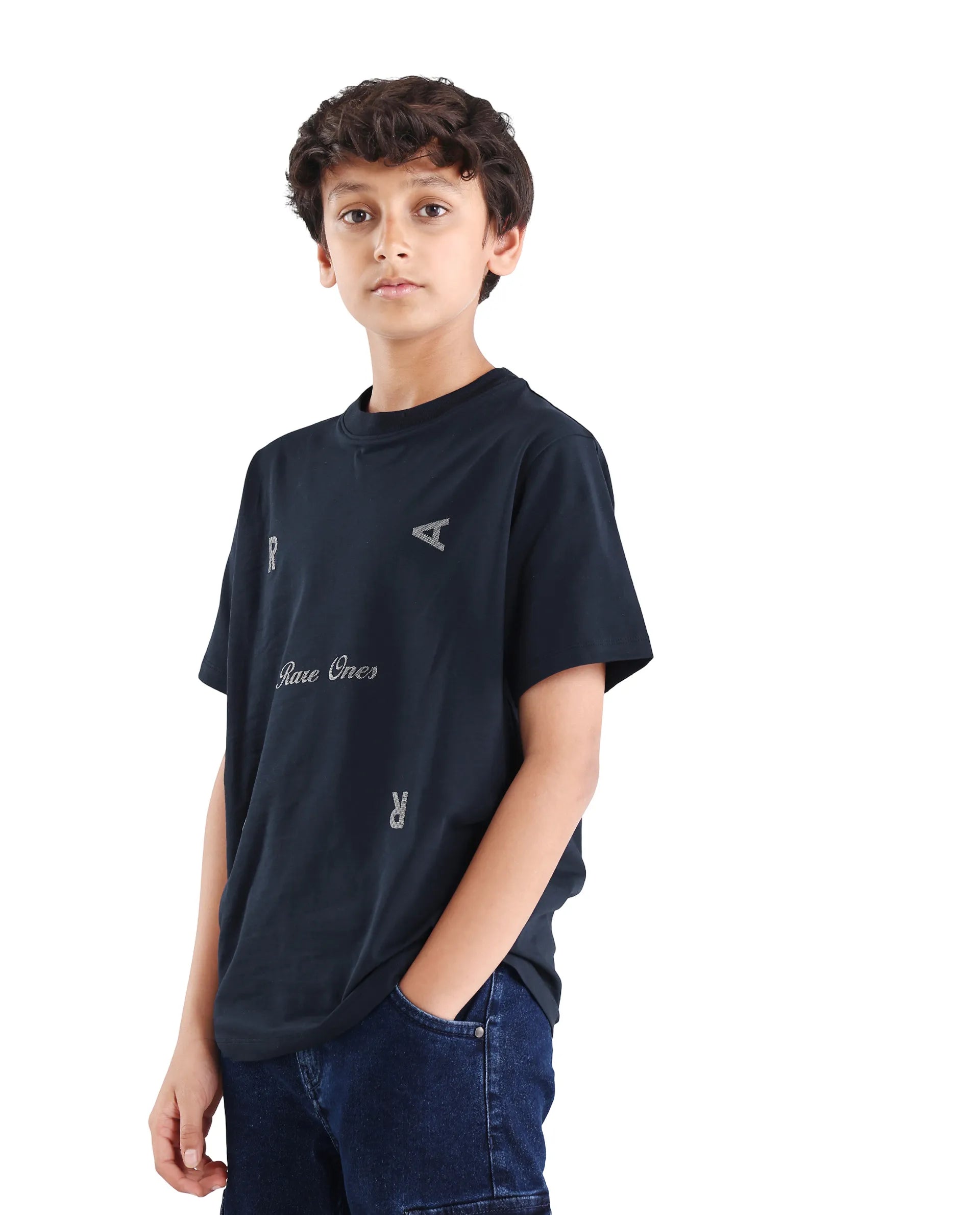 Rare Ones Kids Rizz Dark Navy Cotton Blend Pull-On Closure Badge Applique Regular Fit T-Shirt
