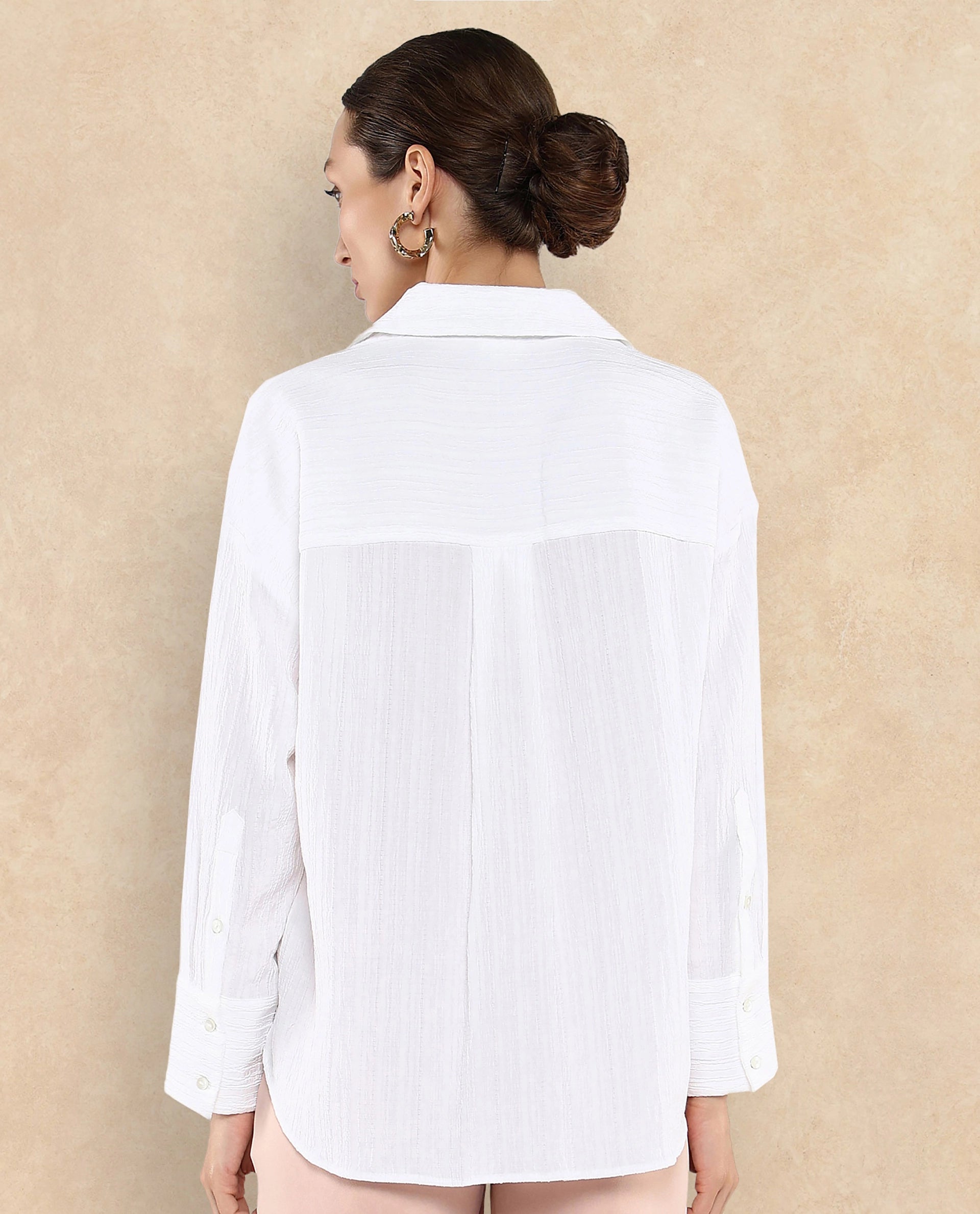 Rareism Women Roag White Cuffed Sleeves Collared Neck Plain Shirt