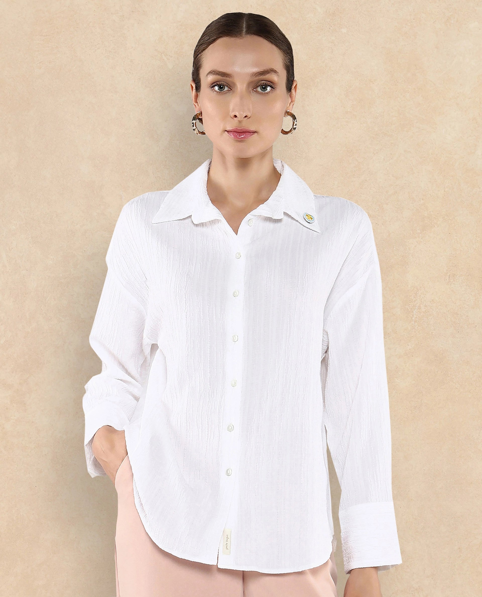 Rareism Women Roag White Cuffed Sleeves Collared Neck Plain Shirt