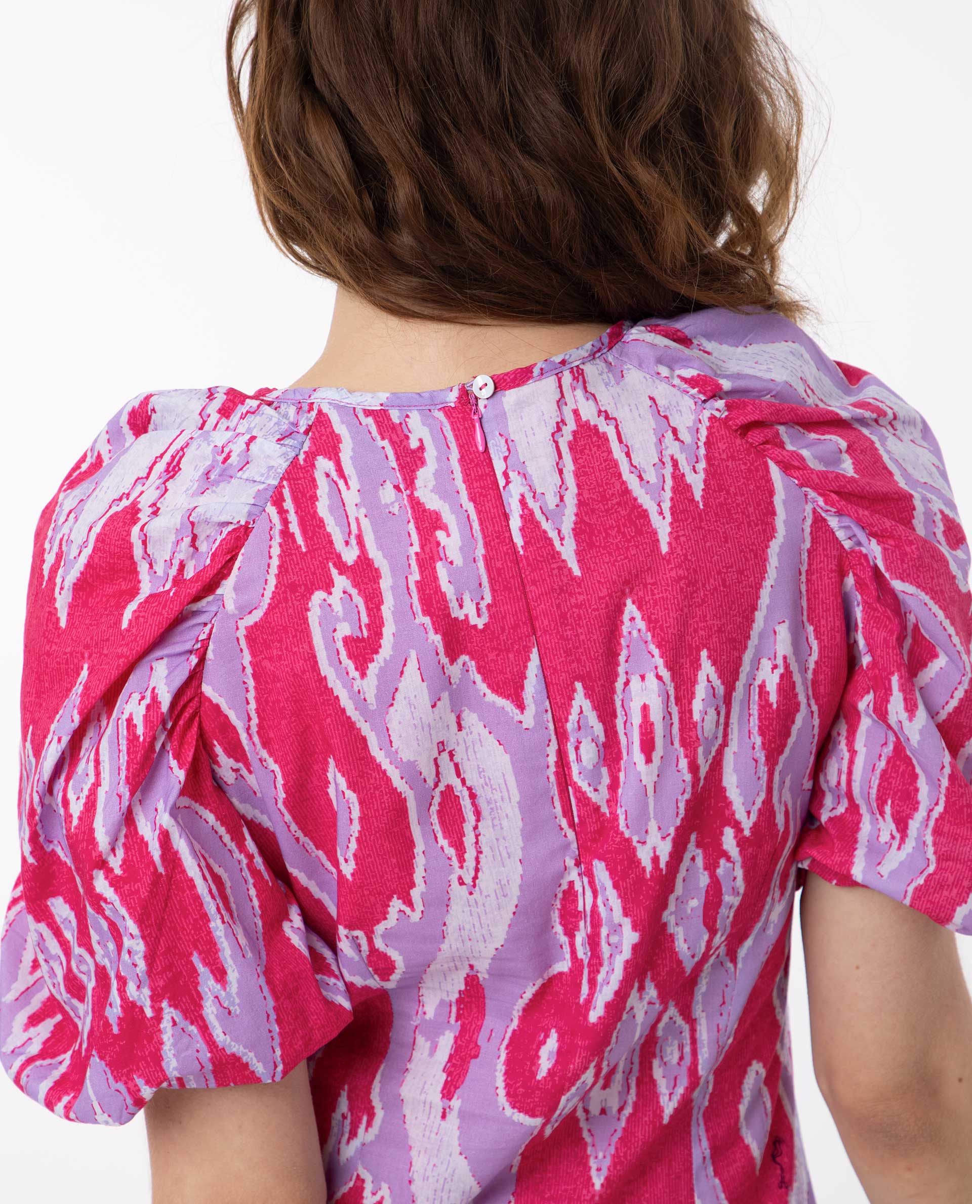 Rareism Women's Roan Pink Cotton Fabric Crew Neck Zipper Closure Puff Sleeve Abstract Mini Dress