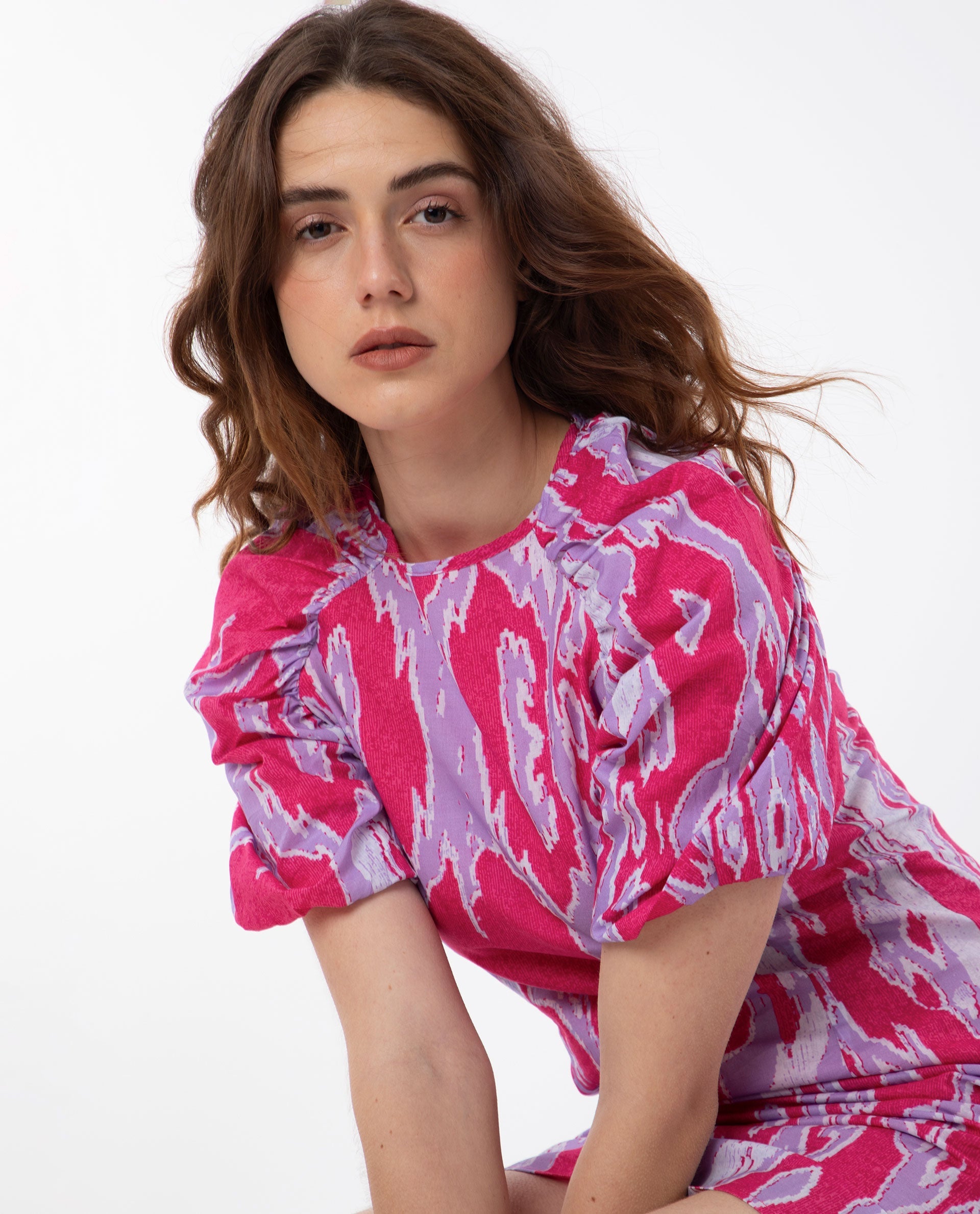 Rareism Women's Roan Pink Cotton Fabric Crew Neck Zipper Closure Puff Sleeve Abstract Mini Dress