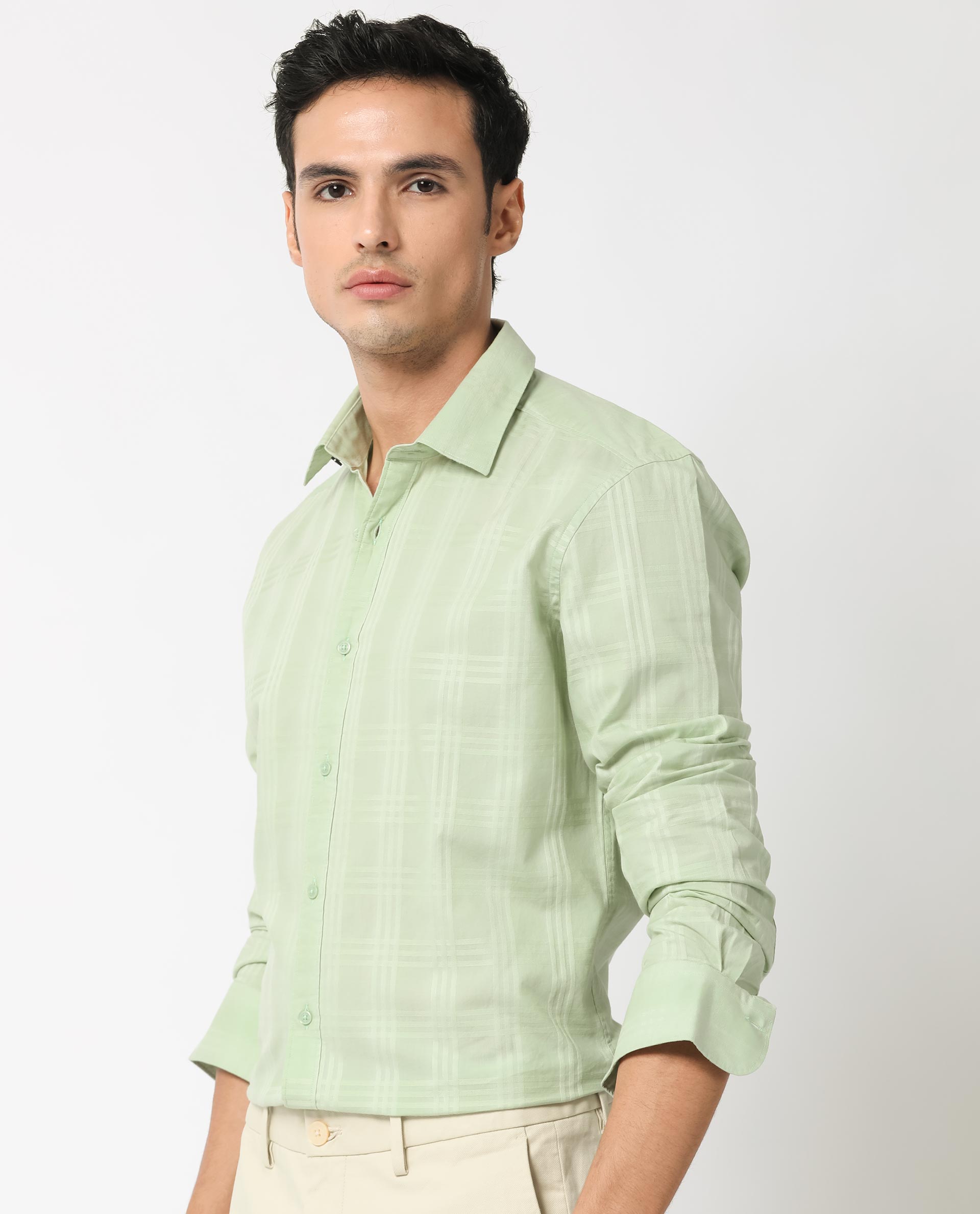 Rare Rabbit Men's Roar Pastel Green Cotton Fabric Full Sleeves Checks Shirt