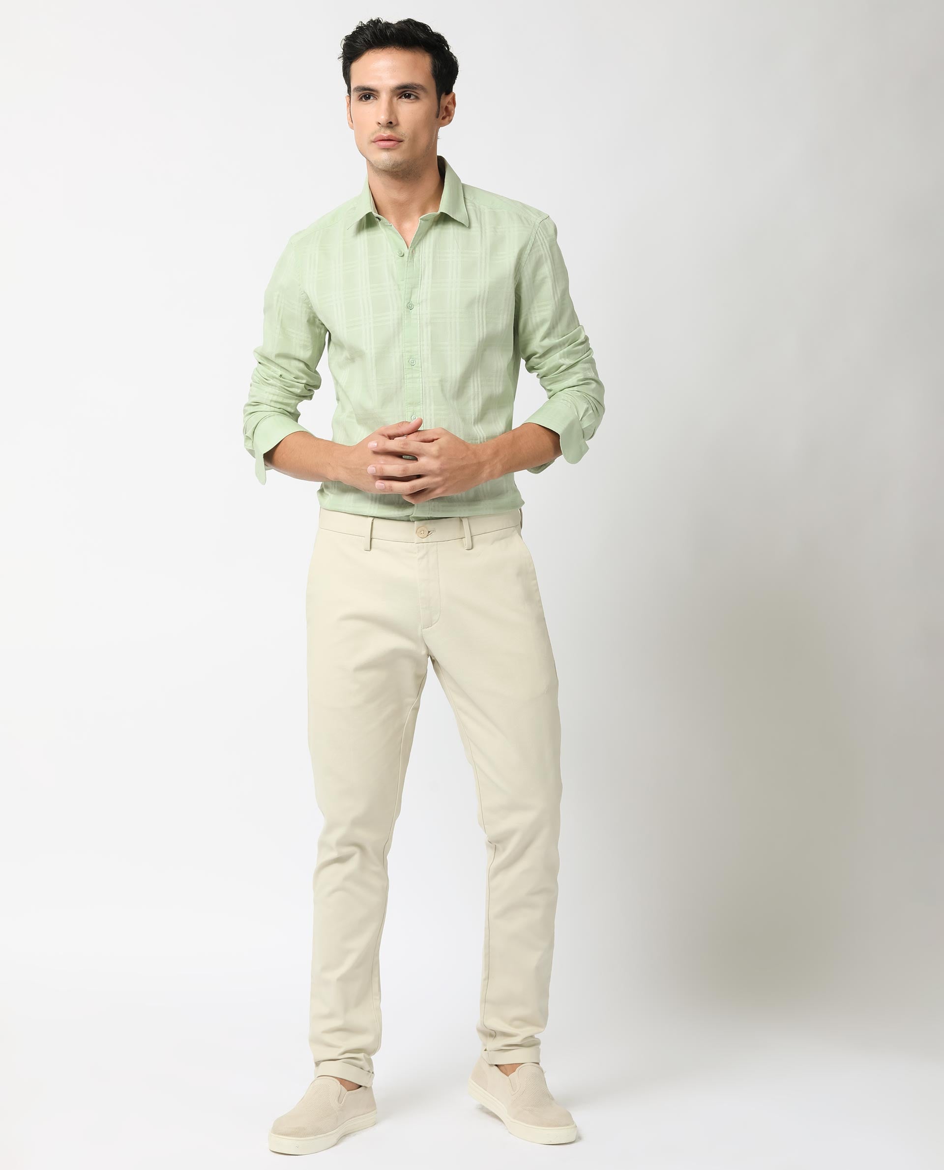 Rare Rabbit Men's Roar Pastel Green Cotton Fabric Full Sleeves Checks Shirt