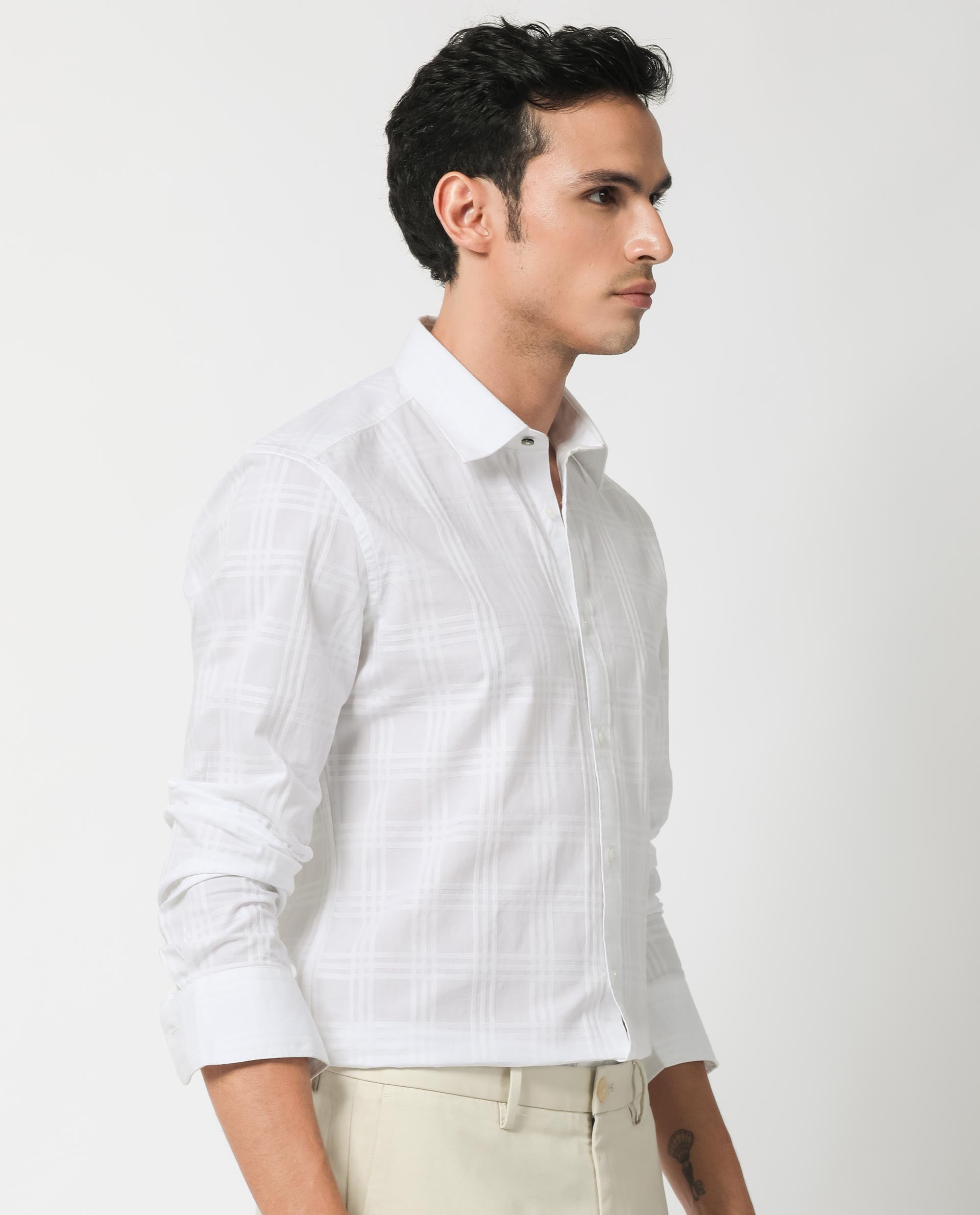 Rare Rabbit Men's Roar White Cotton Fabric Full Sleeves Checks Shirt