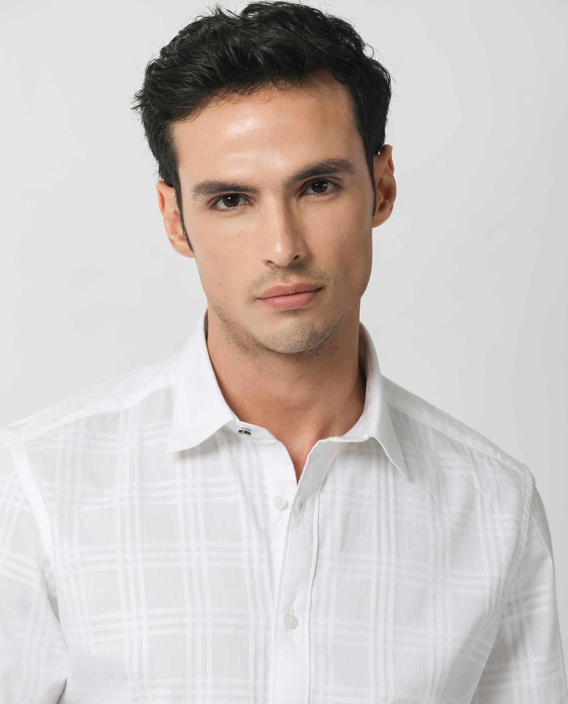 Rare Rabbit Men's Roar White Cotton Fabric Full Sleeves Checks Shirt