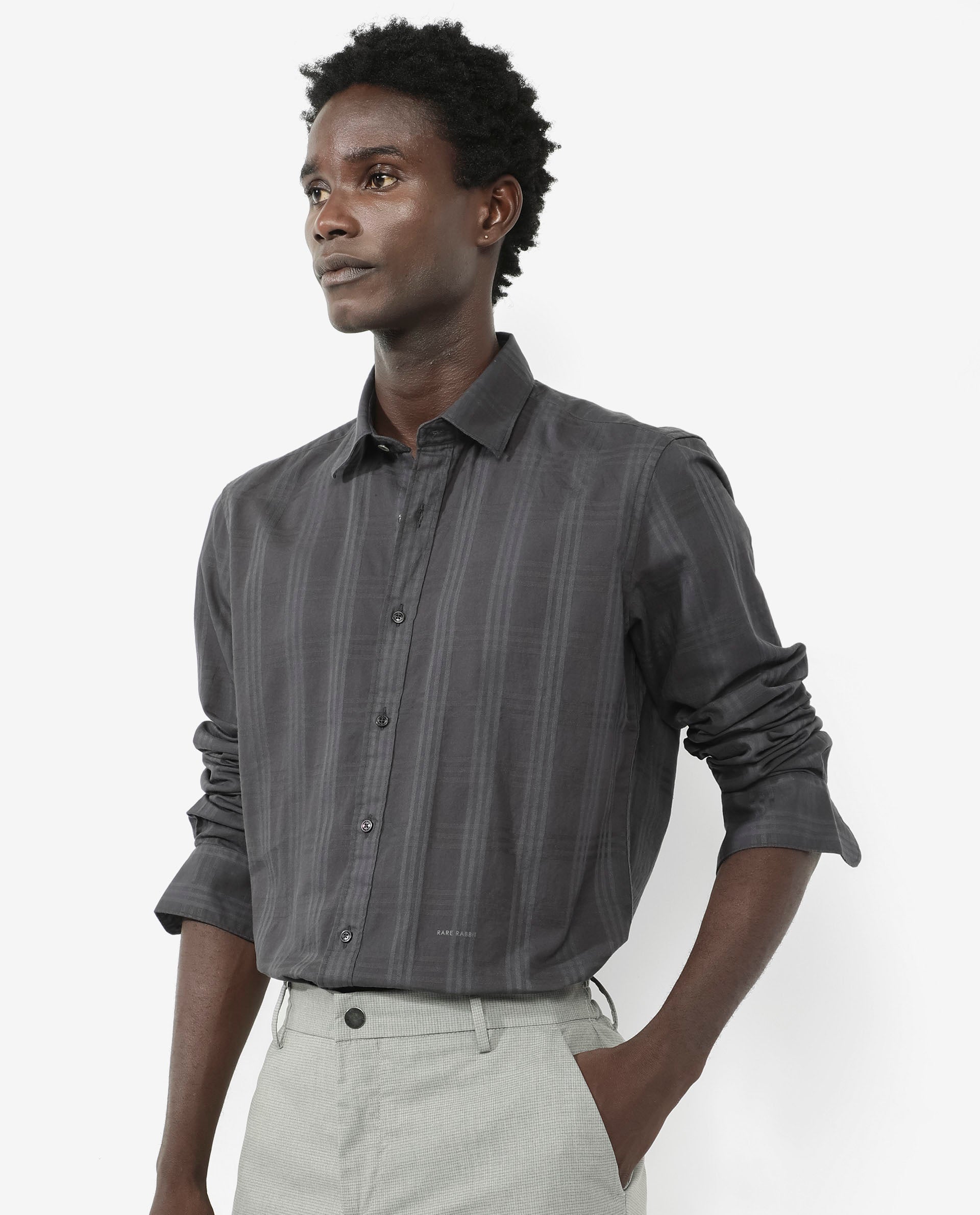 Rare Rabbit Men's Roar Dark Grey Cotton Fabric Full Sleeves Collared Neck Checks Shirt