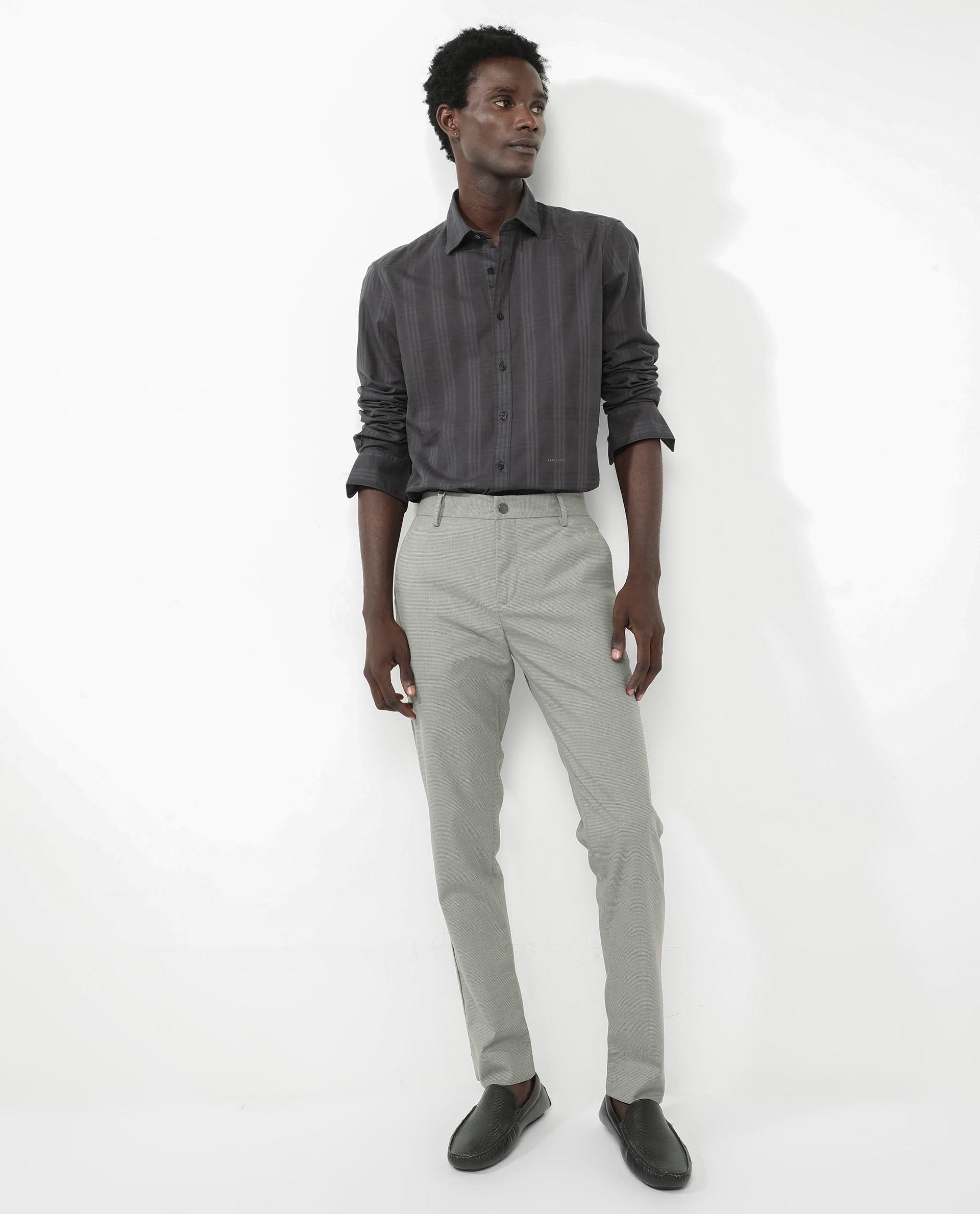 Rare Rabbit Men's Roar Dark Grey Cotton Fabric Full Sleeves Collared Neck Checks Shirt