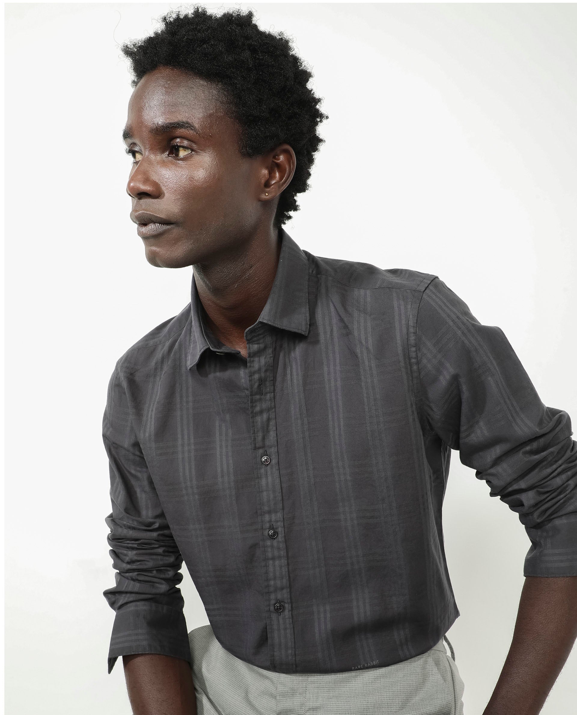 Rare Rabbit Men's Roar Dark Grey Cotton Fabric Full Sleeves Collared Neck Checks Shirt