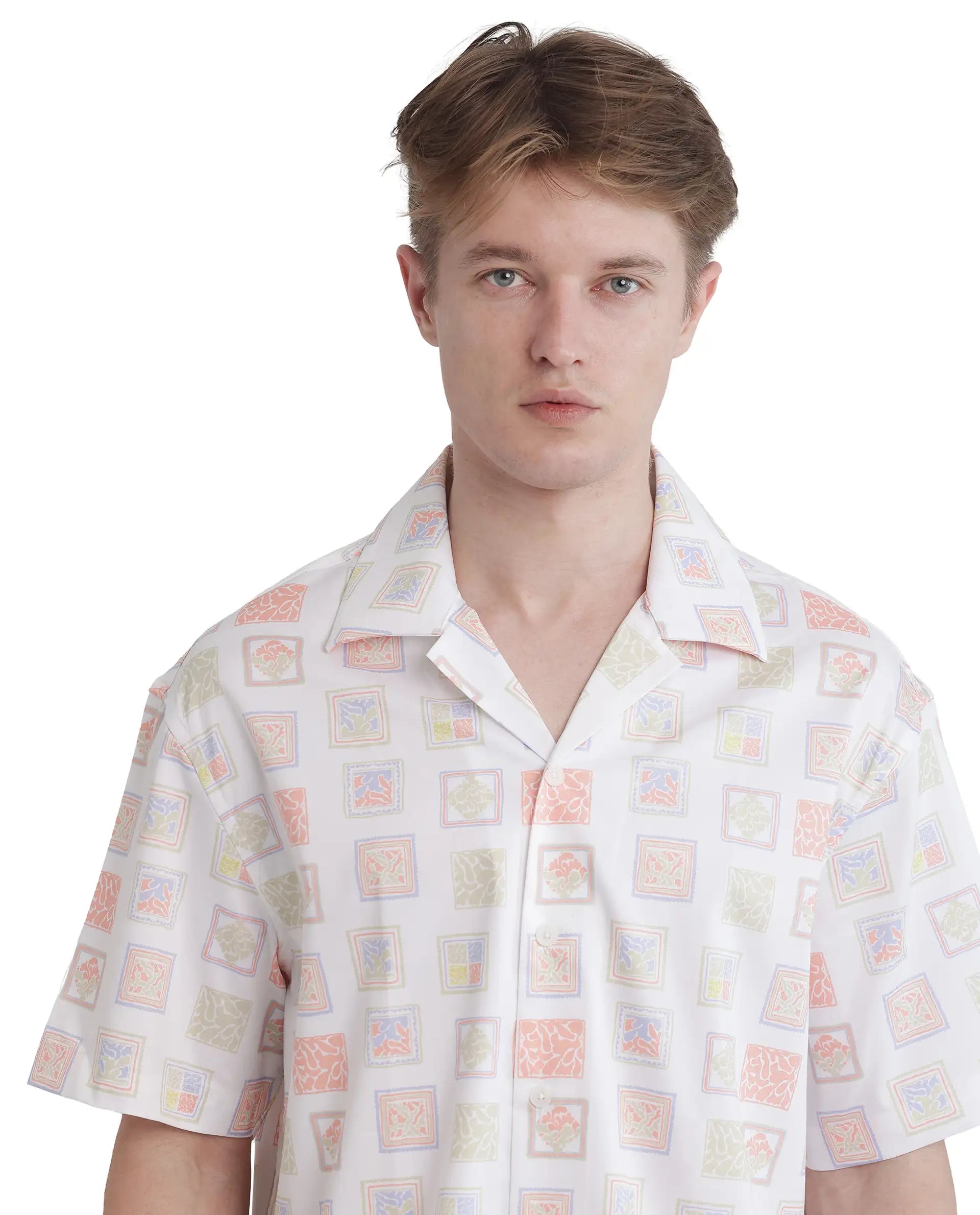 Rare Rabbit Men's Roaz White Cotton Fabric Short Sleeve Cuban Collared Boxy Fit Stamp Print Shirt