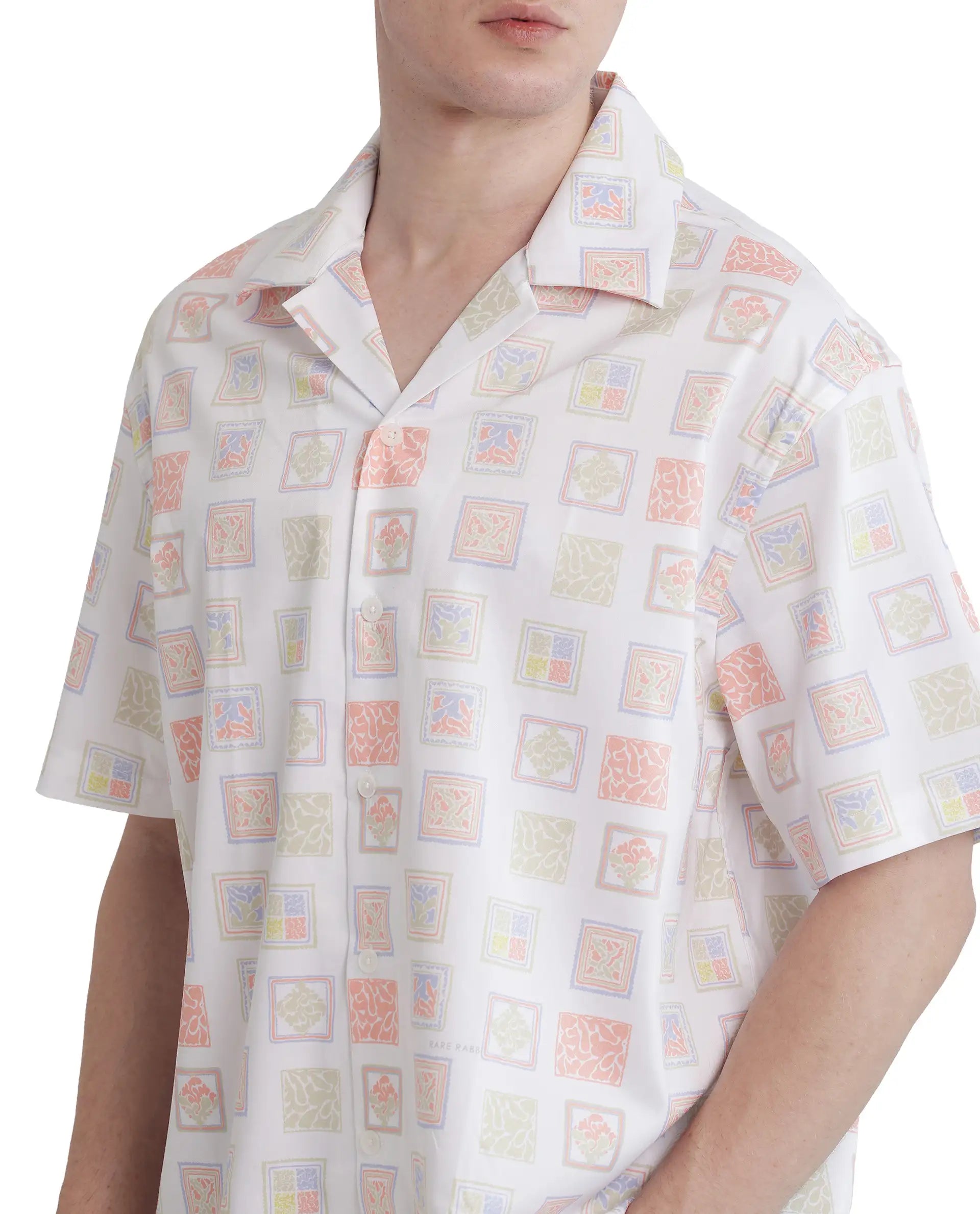 Rare Rabbit Men's Roaz White Cotton Fabric Short Sleeve Cuban Collared Boxy Fit Stamp Print Shirt
