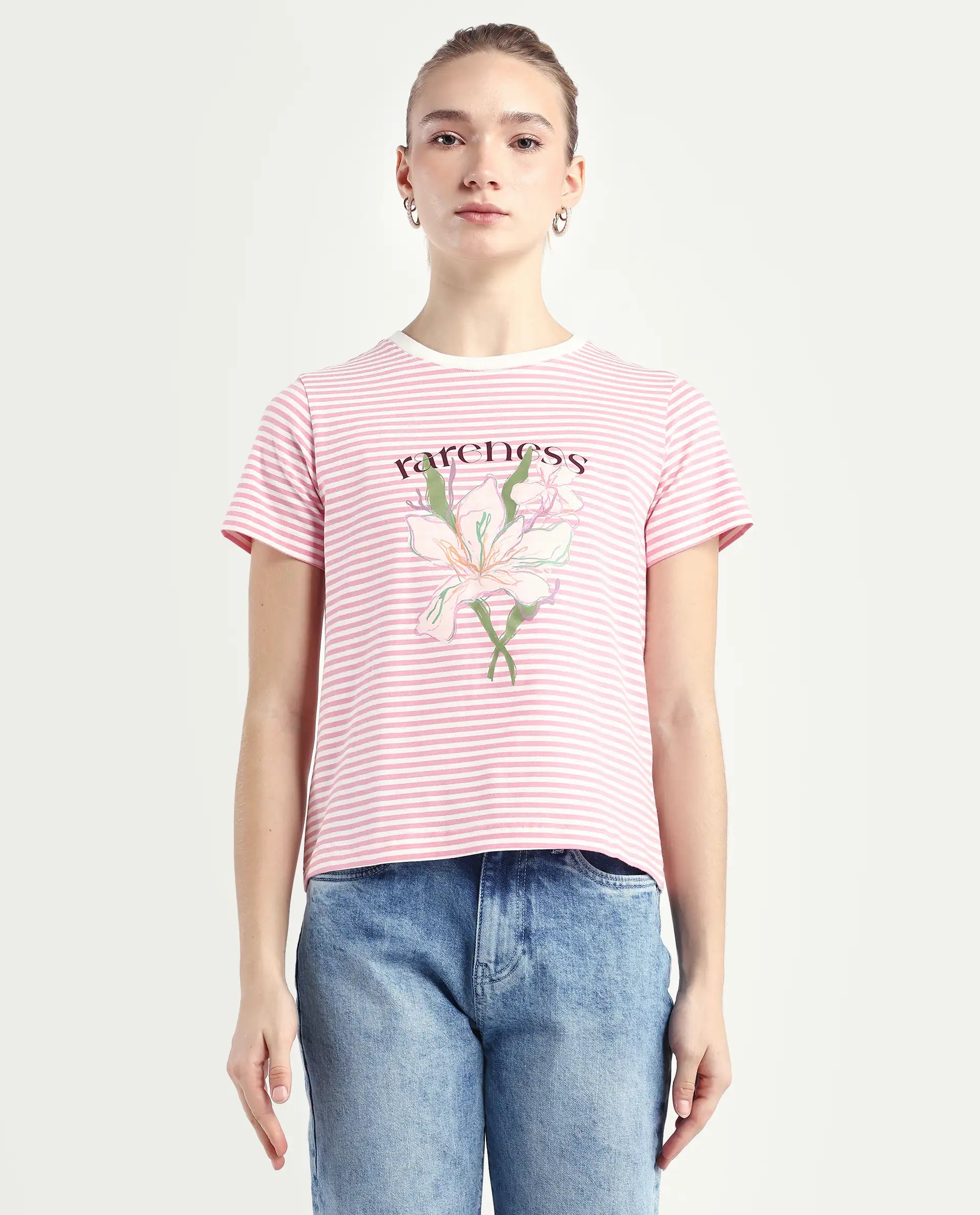 Rareism Women's Robbin Light Pink Cotton Blend Crew Neck Graphic Print Regular Fit T-Shirt