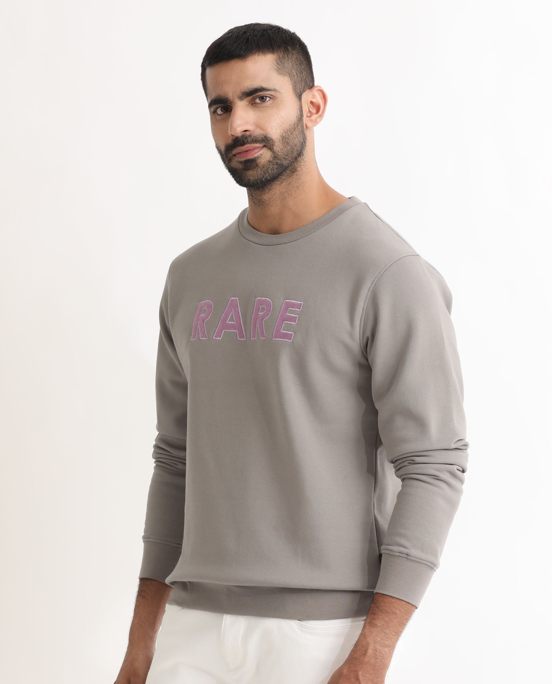 Rare Rabbit Men's Robbs Grey Cotton Polyester Fabric Full Sleeves Graphic Printed Logo Sweatshirt