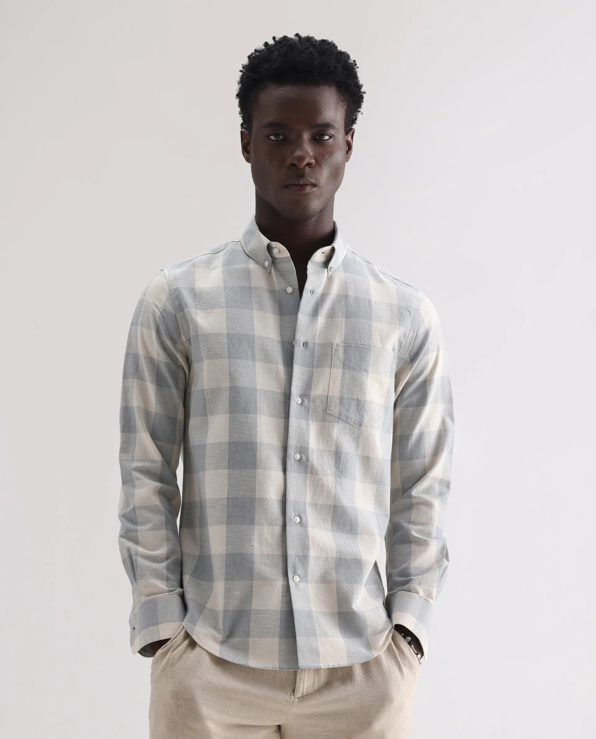 Rare Rabbit Men's Robina Blue 100% Linen Checked Print Regular Fit Full Sleeve Collared Shirt