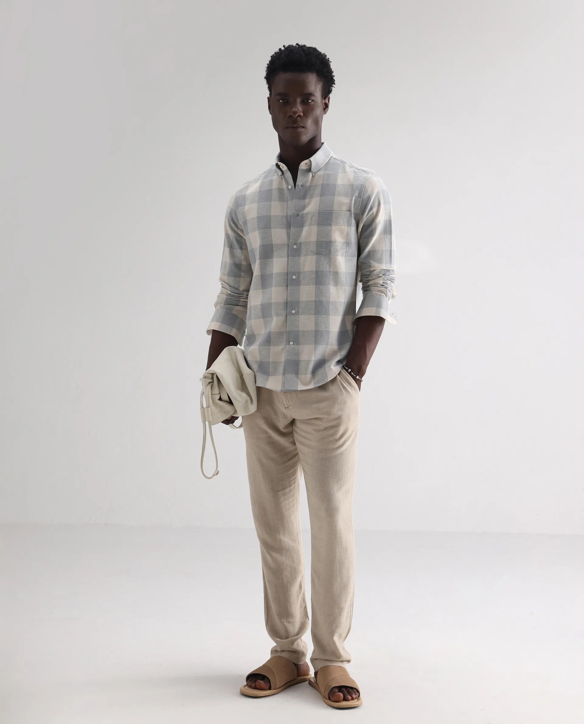 Rare Rabbit Men's Robina Blue 100% Linen Checked Print Regular Fit Full Sleeve Collared Shirt