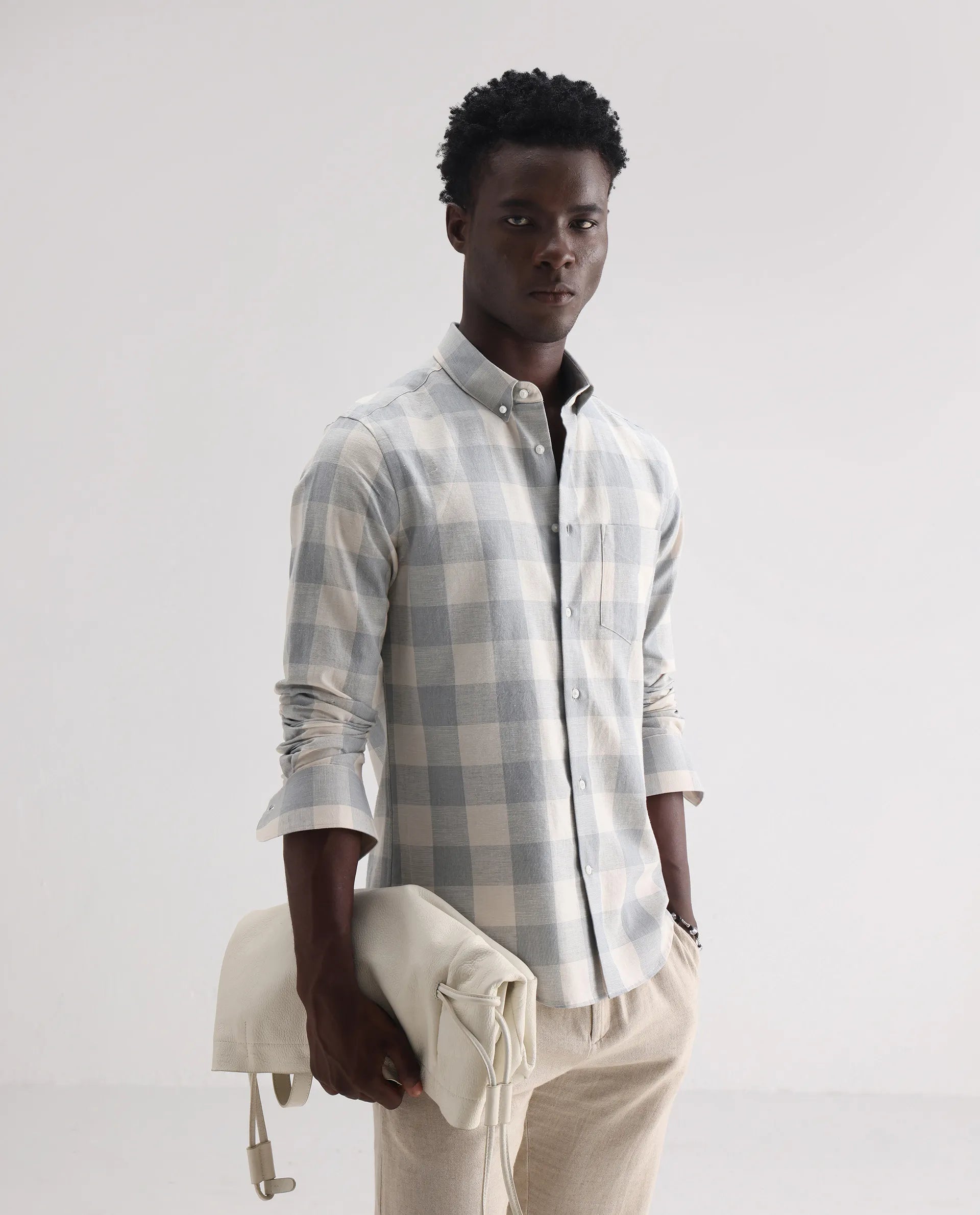 Rare Rabbit Men's Robina Blue 100% Linen Checked Print Regular Fit Full Sleeve Collared Shirt