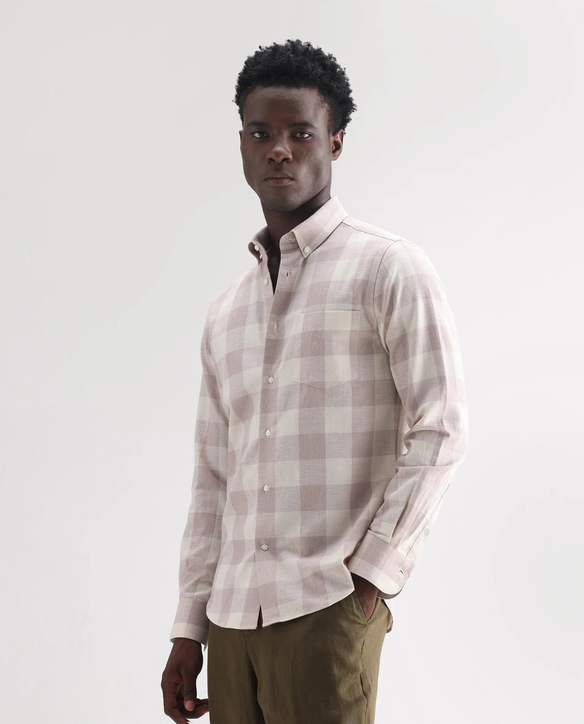 Rare Rabbit Men's Robina Pink 100% Linen Checked Print Regular Fit Full Sleeve Collared Shirt