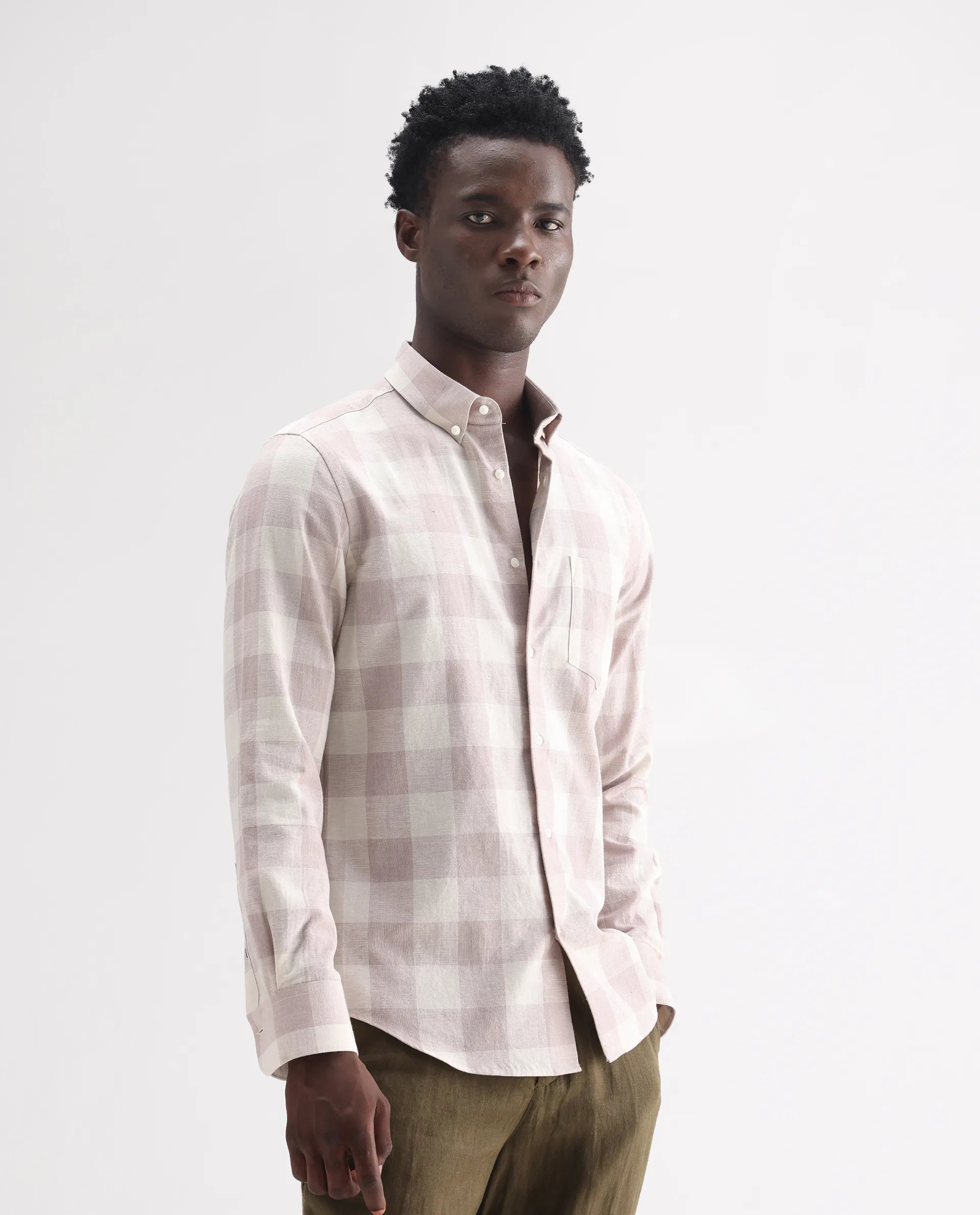 Rare Rabbit Men's Robina Pink 100% Linen Checked Print Regular Fit Full Sleeve Collared Shirt