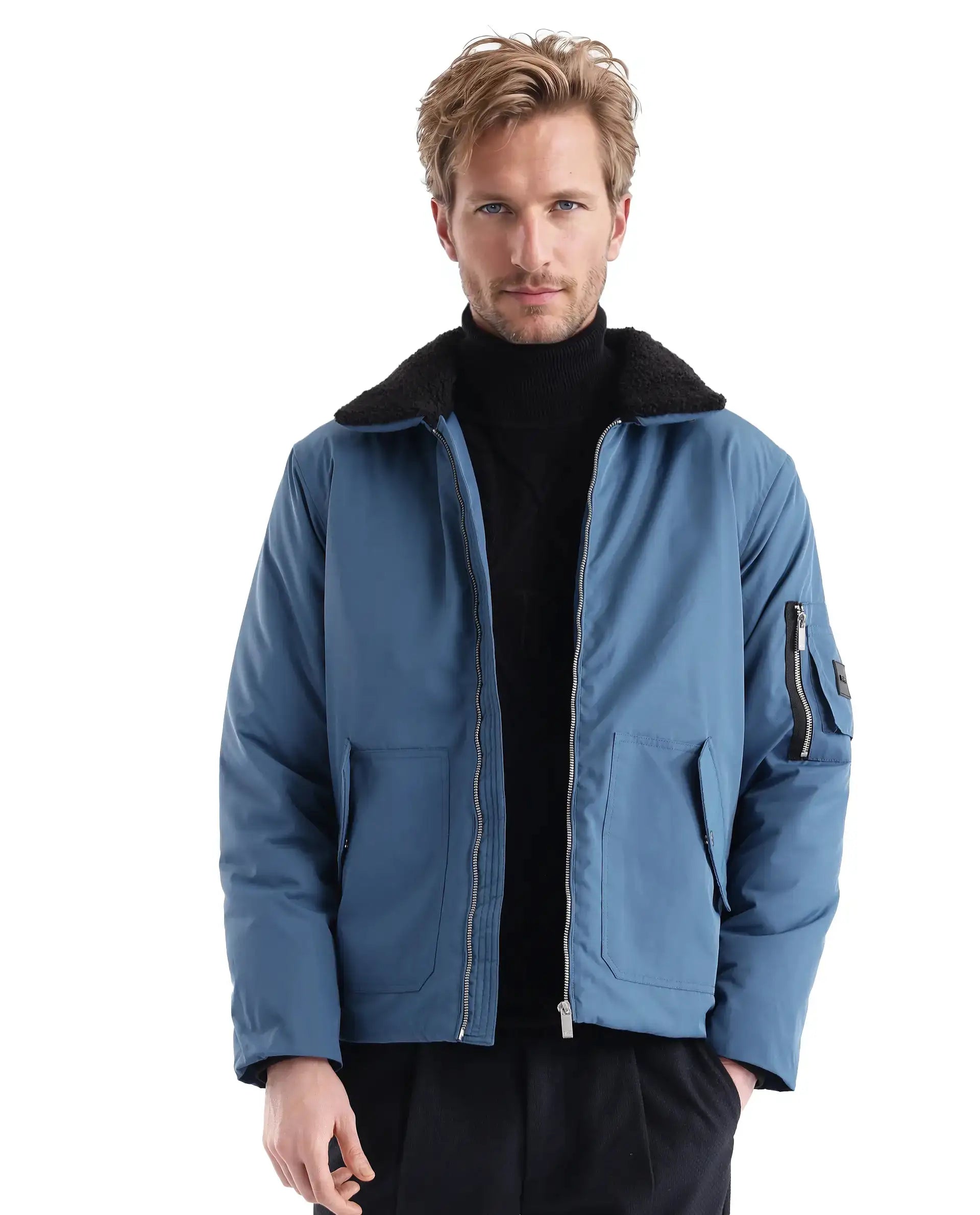 Rare Rabbit Men Roboss Teal Polyester Fabric Full Sleeve Spread Collar Zipper Closure Multi-pocket Plain Jacket