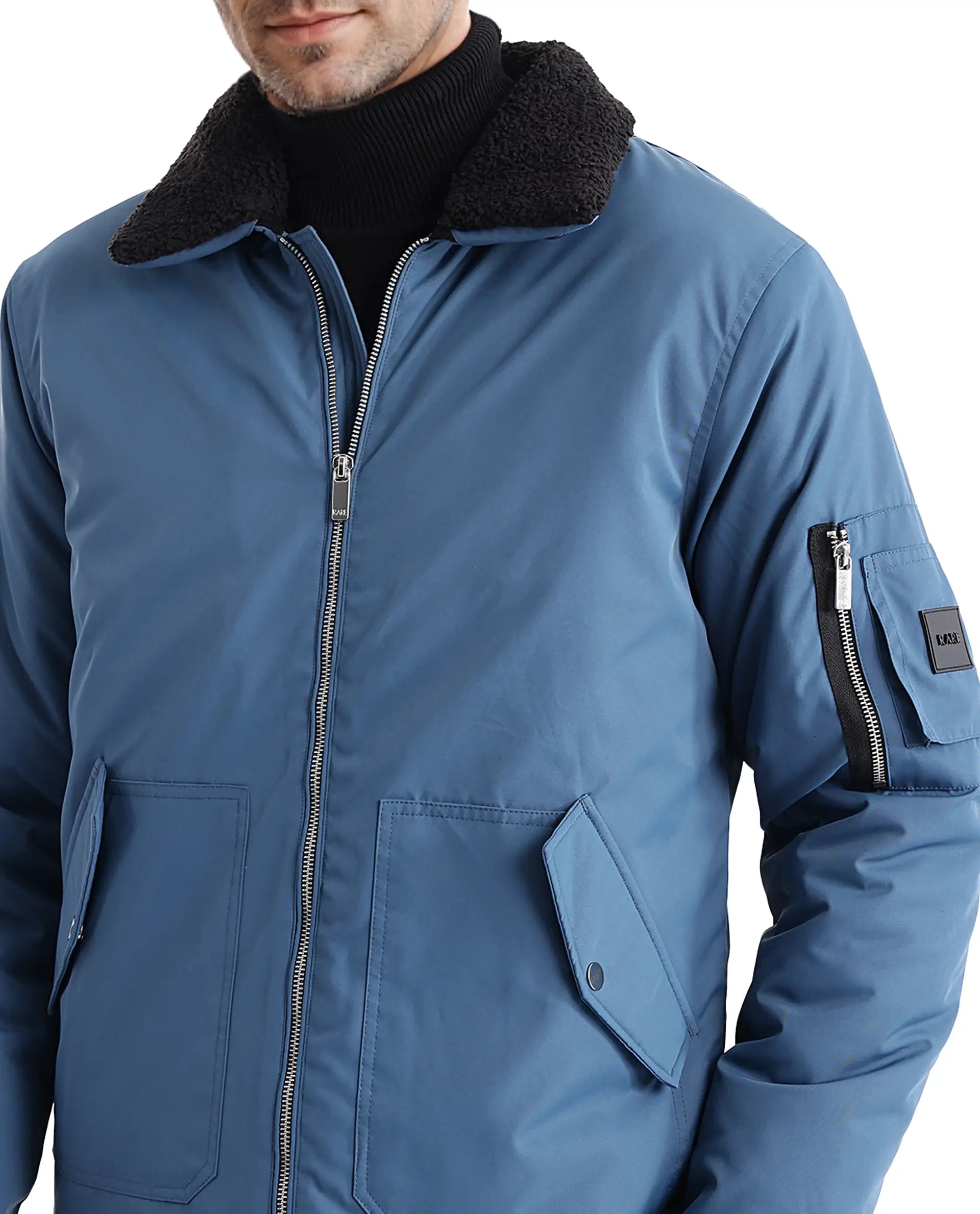 Rare Rabbit Men Roboss Teal Polyester Fabric Full Sleeve Spread Collar Zipper Closure Multi-pocket Plain Jacket