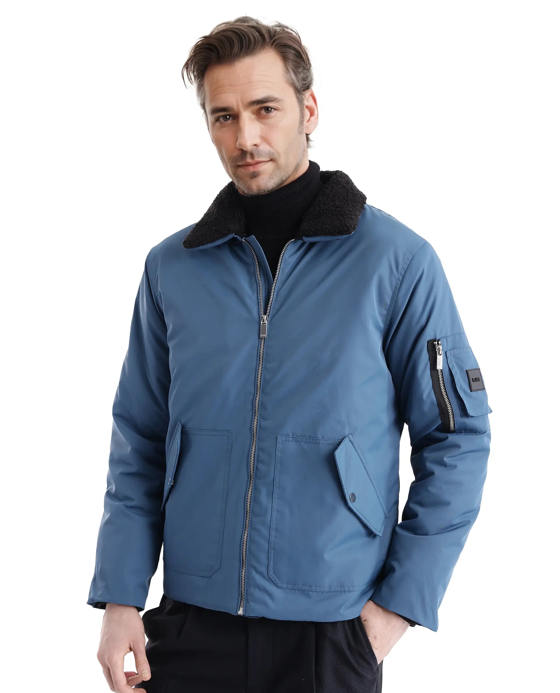 Rare Rabbit Men Roboss Teal Polyester Fabric Full Sleeve Spread Collar Zipper Closure Multi-pocket Plain Jacket