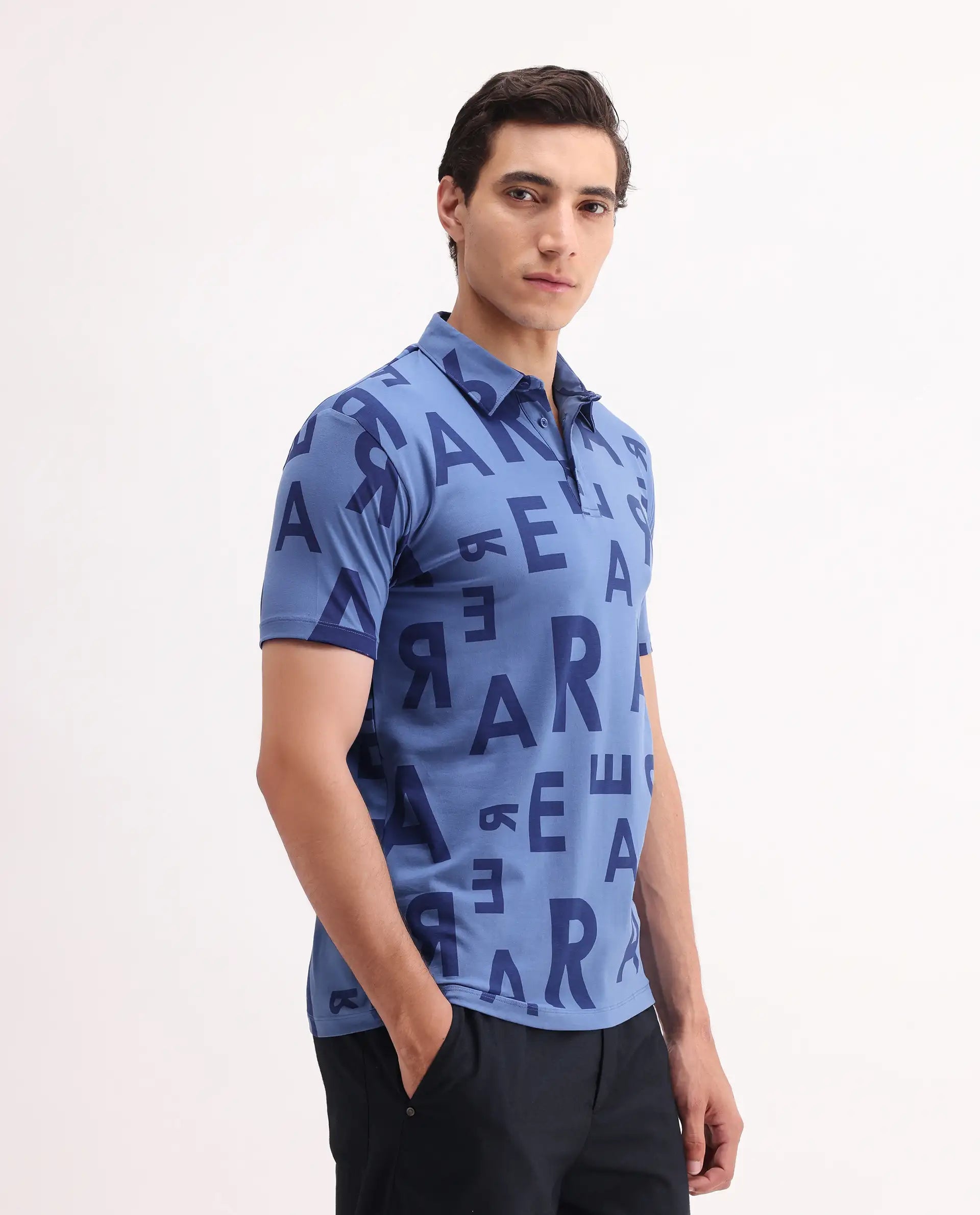 Rare Rabbit Men's Rocha Dark Blue Cotton Monogram Print Regular Fit Half Sleeve Polo