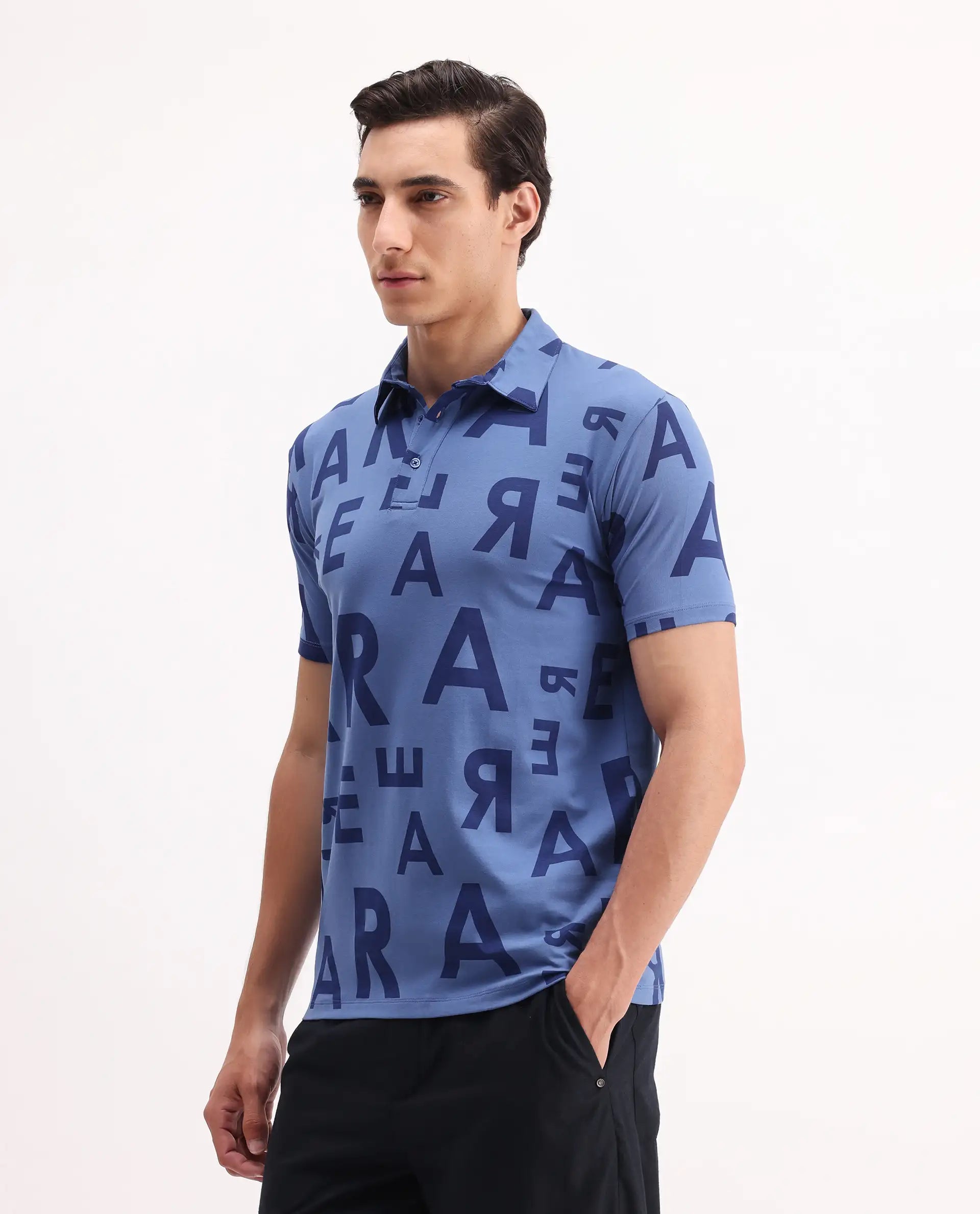 Rare Rabbit Men's Rocha Dark Blue Cotton Monogram Print Regular Fit Half Sleeve Polo