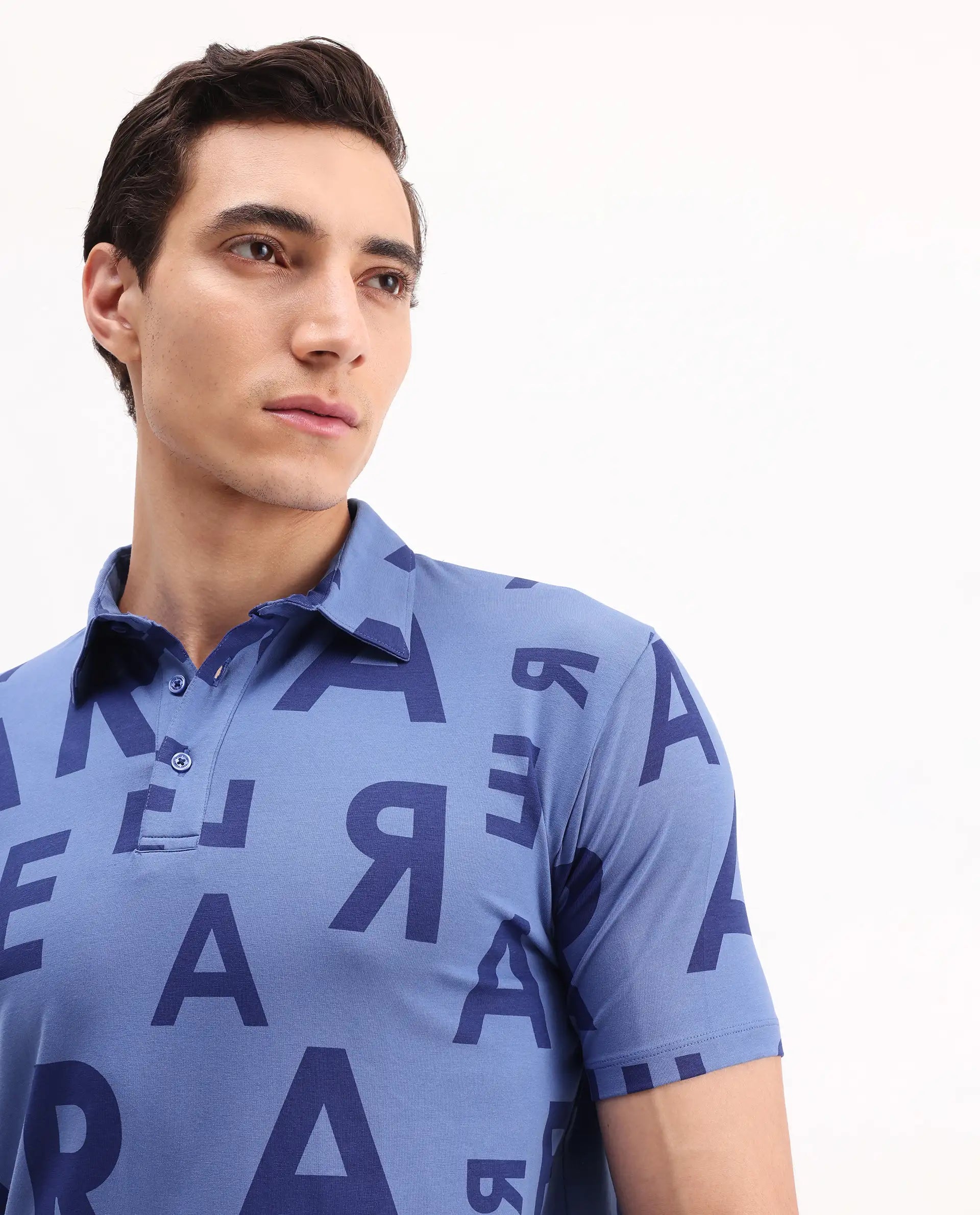 Rare Rabbit Men's Rocha Dark Blue Cotton Monogram Print Regular Fit Half Sleeve Polo