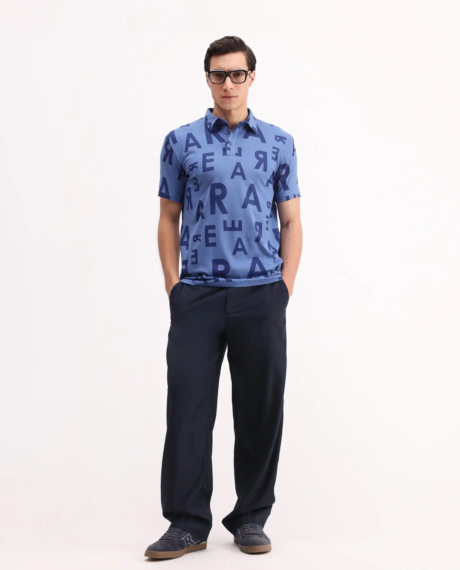 Rare Rabbit Men's Rocha Dark Blue Cotton Monogram Print Regular Fit Half Sleeve Polo